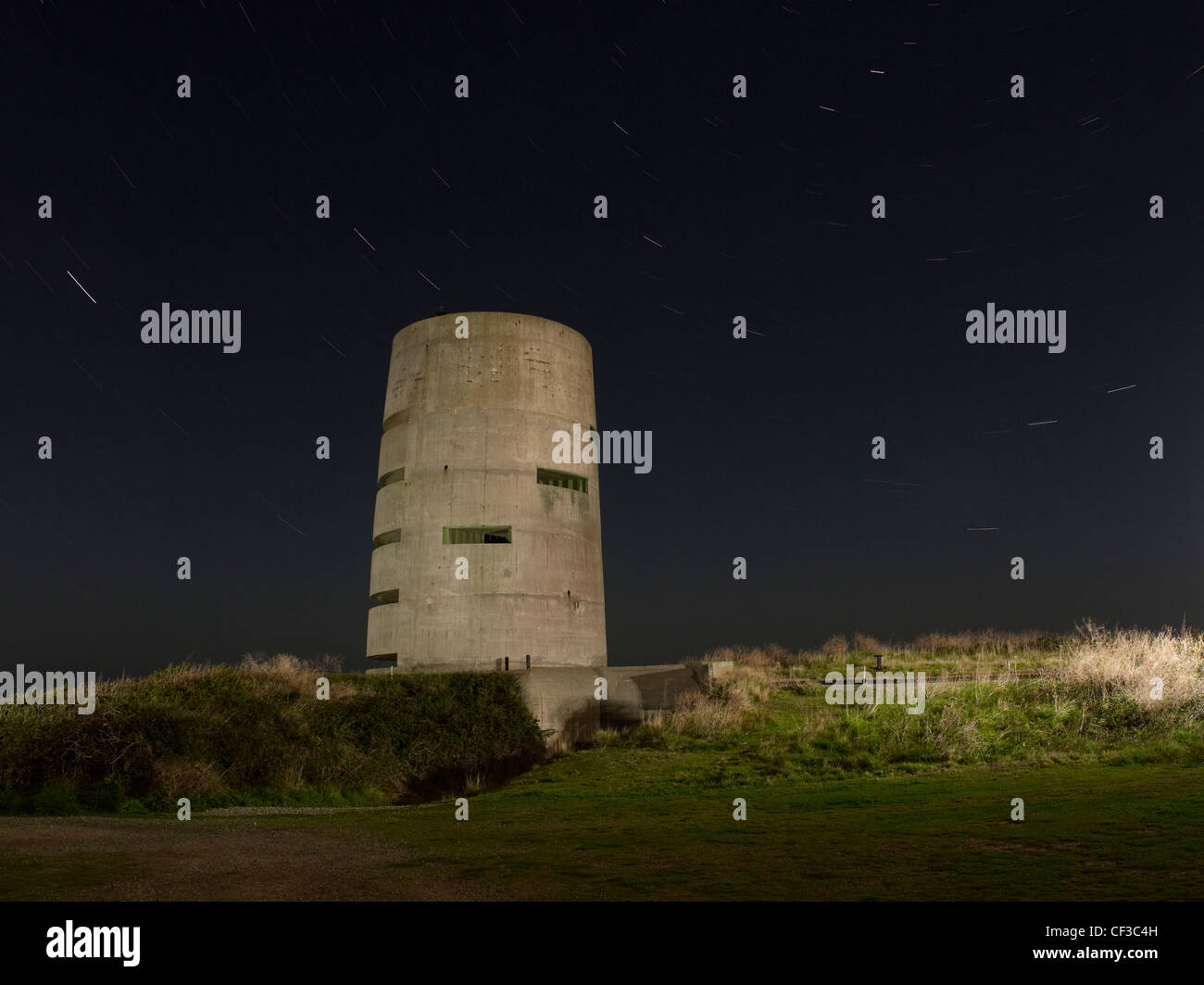 A night time view of a World War Two German rangefinder bunker on Guernsey. Stock Photo