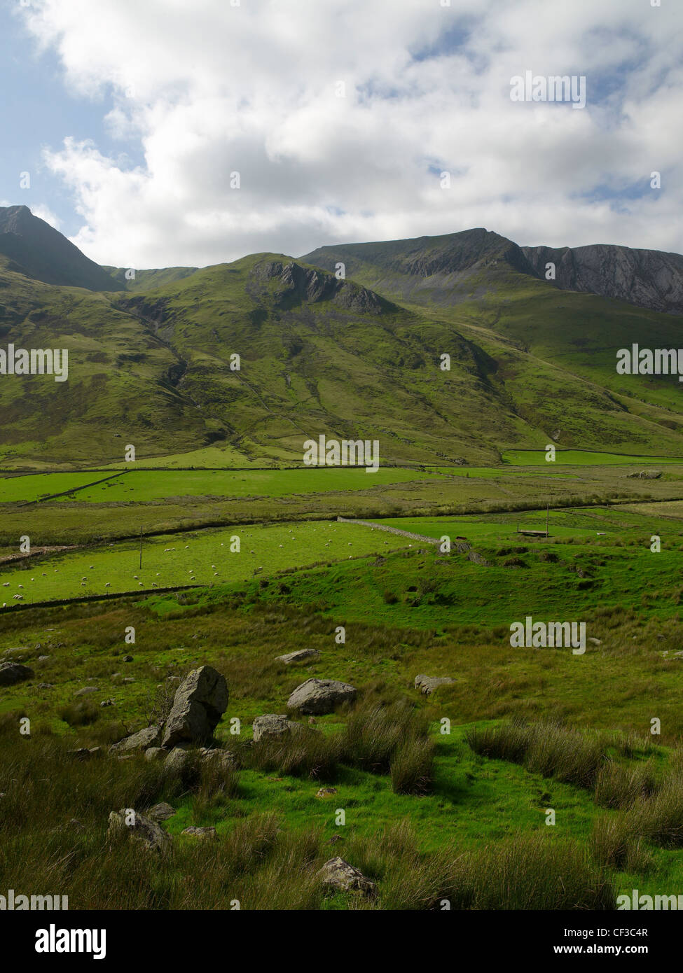 A scenic view across  a valley in the Snowdonia National Park. Stock Photo