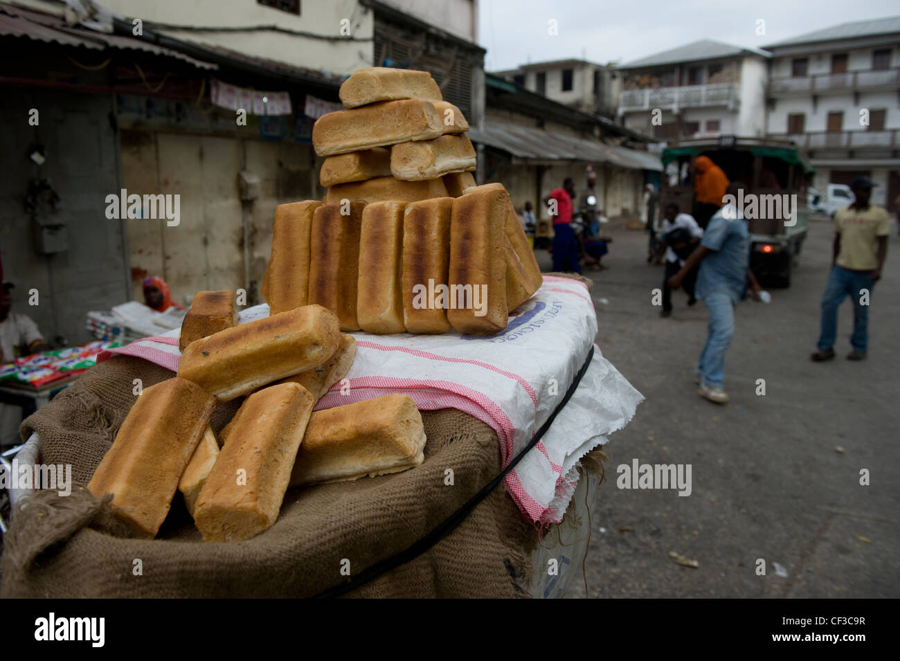 Loaves of fresh bread sold at Darajani market Stone Town Zanzibar Tanzania Stock Photo