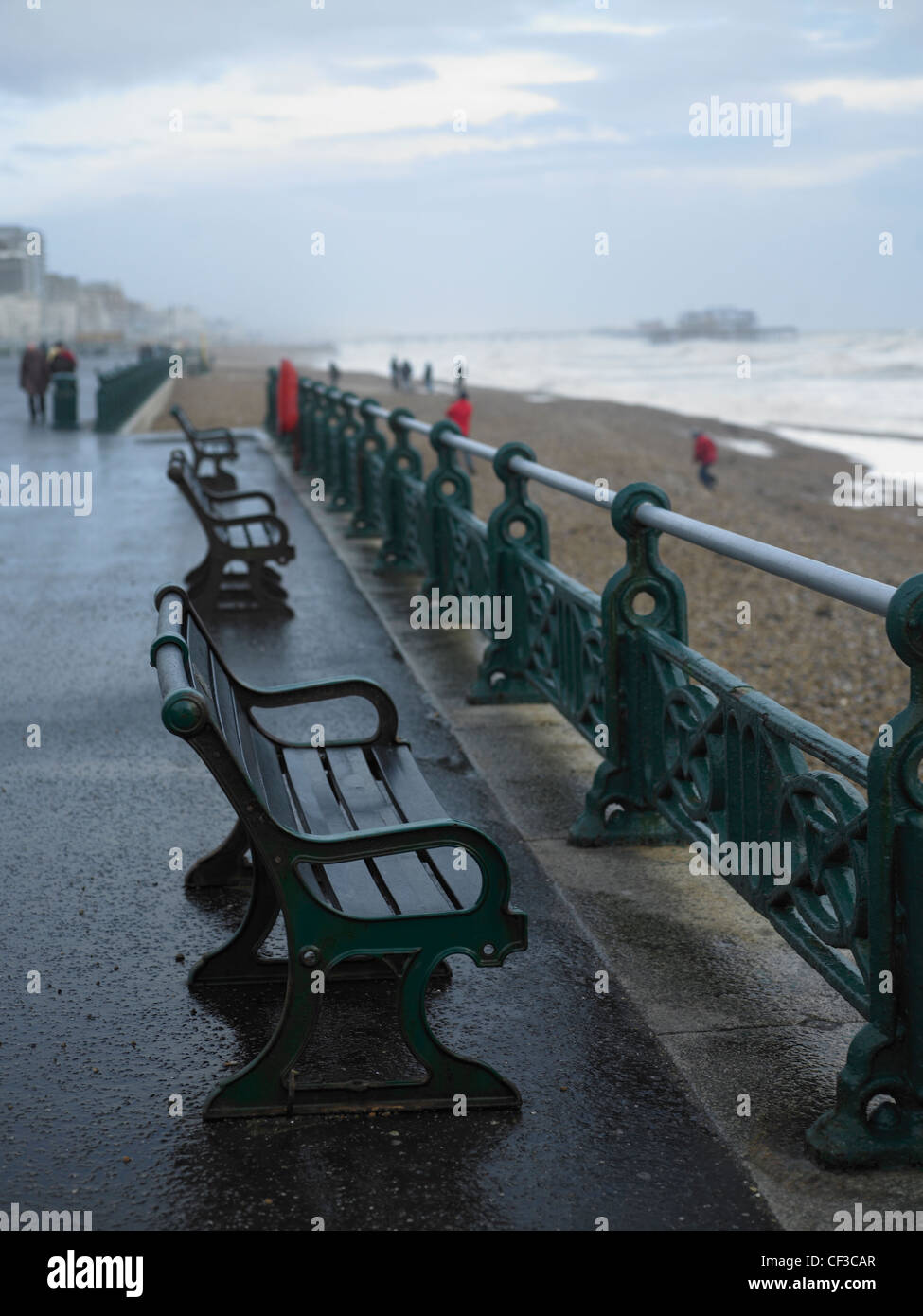 A line of benches on Brighton seafront on a wet day with the pier in the distance. Stock Photo