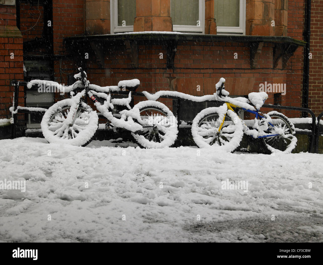 Two bicycles covered in snow leaning against railings in Hove. Stock Photo