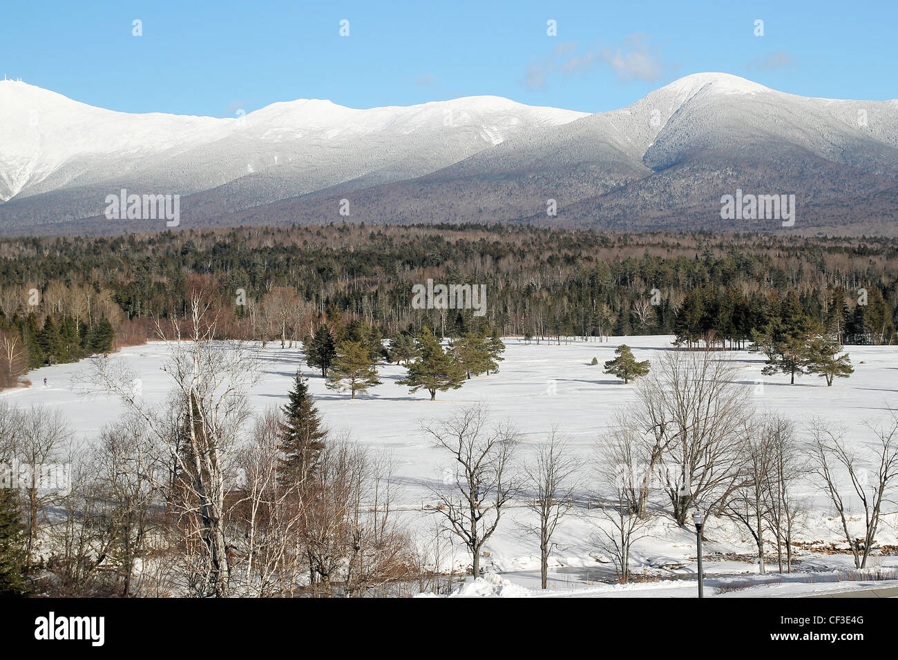 A winter view of New Hampshire's White Mountains from the porch of the Omni Mount Washington Hotel Stock Photo