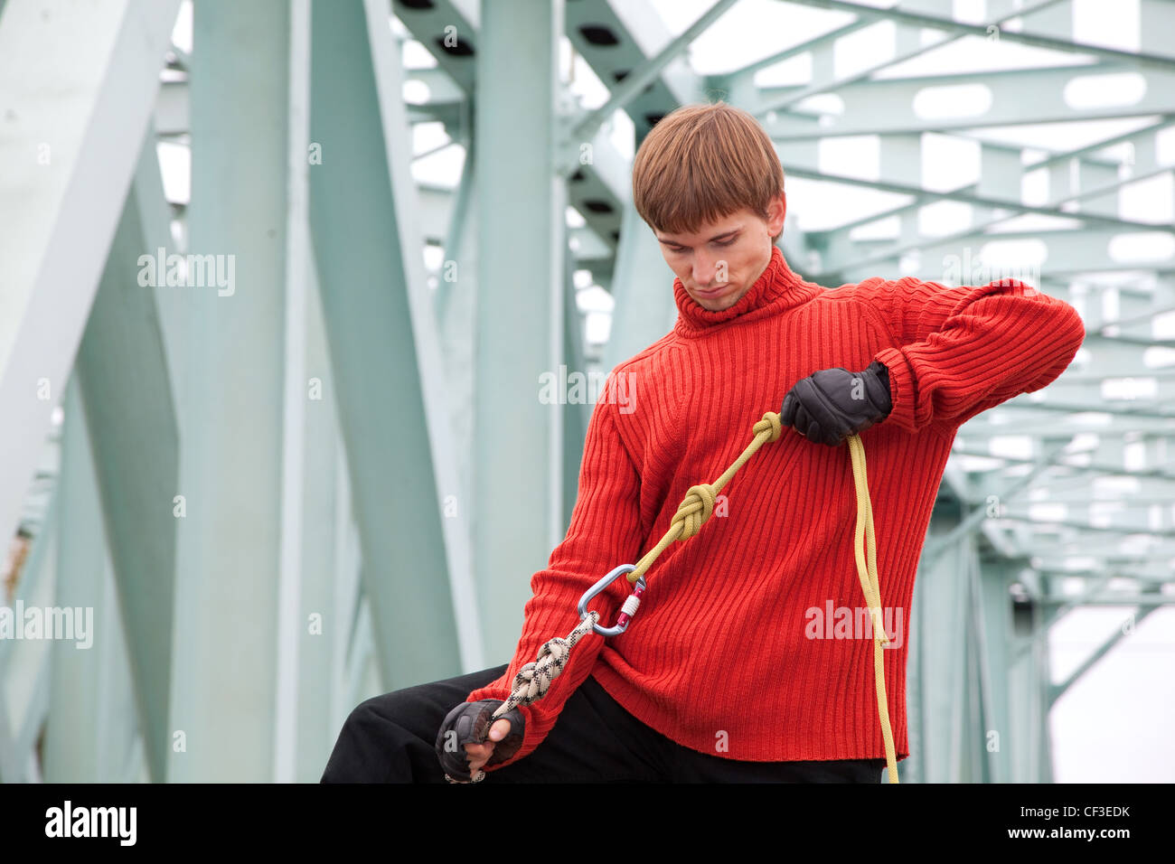 man with equipment rope bridge Stock Photo - Alamy