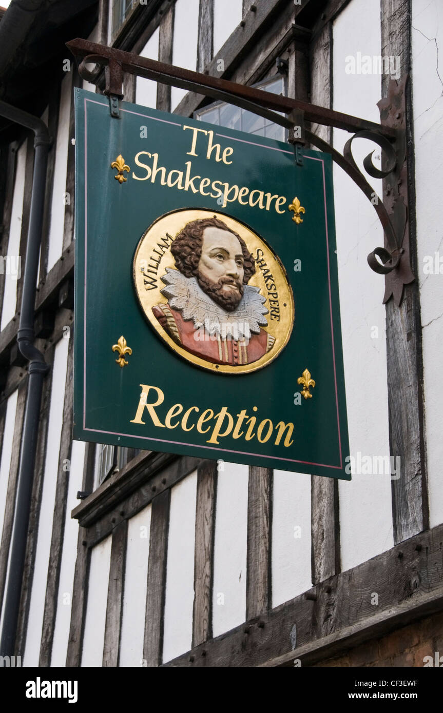 Looking up at The Shakspeare Hotel sign in Stratford upon Avon. Stock Photo