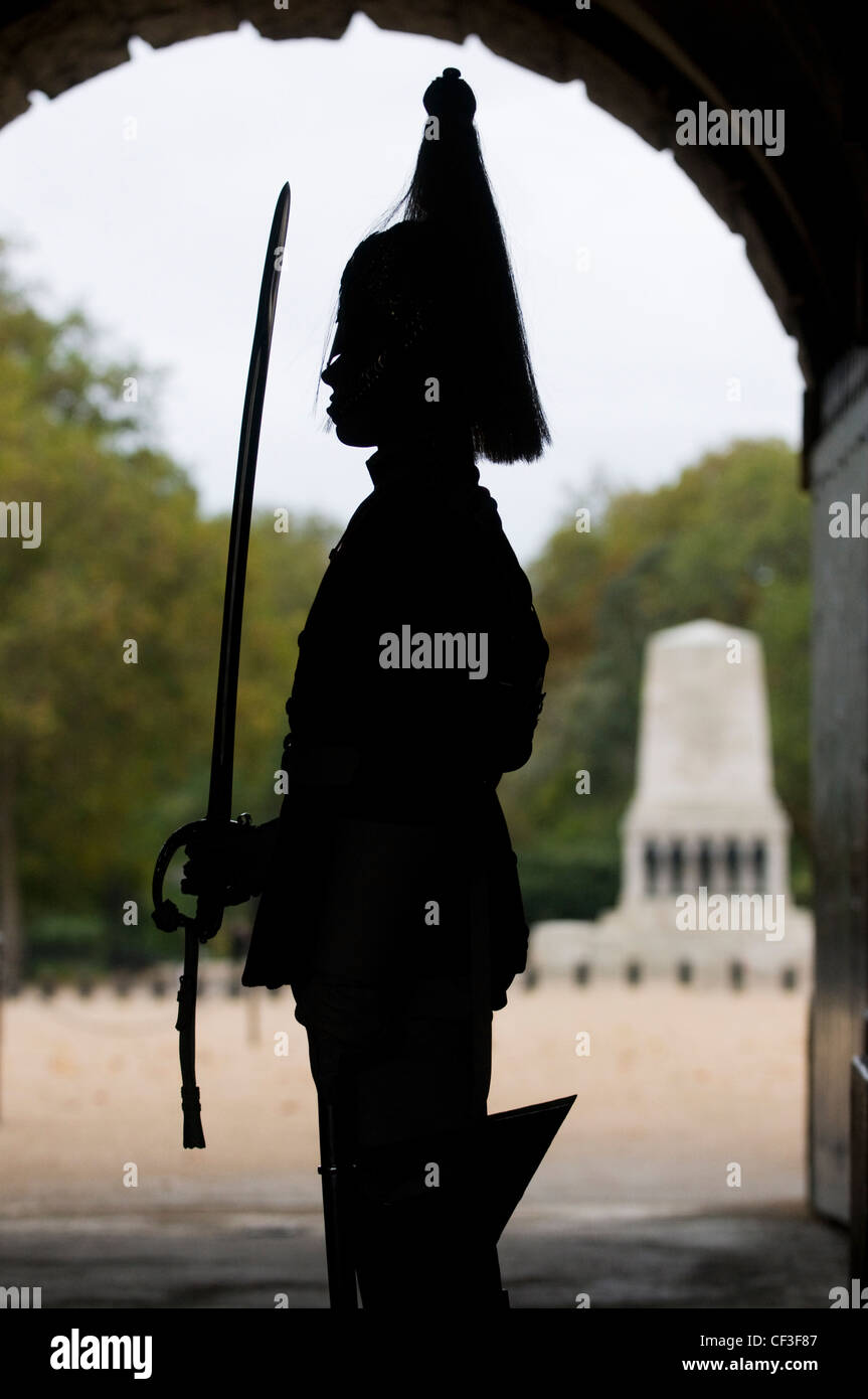 Silhouette of a soldier of the Household Cavalry on guard duty at Horse Guards in Whitehall. Stock Photo