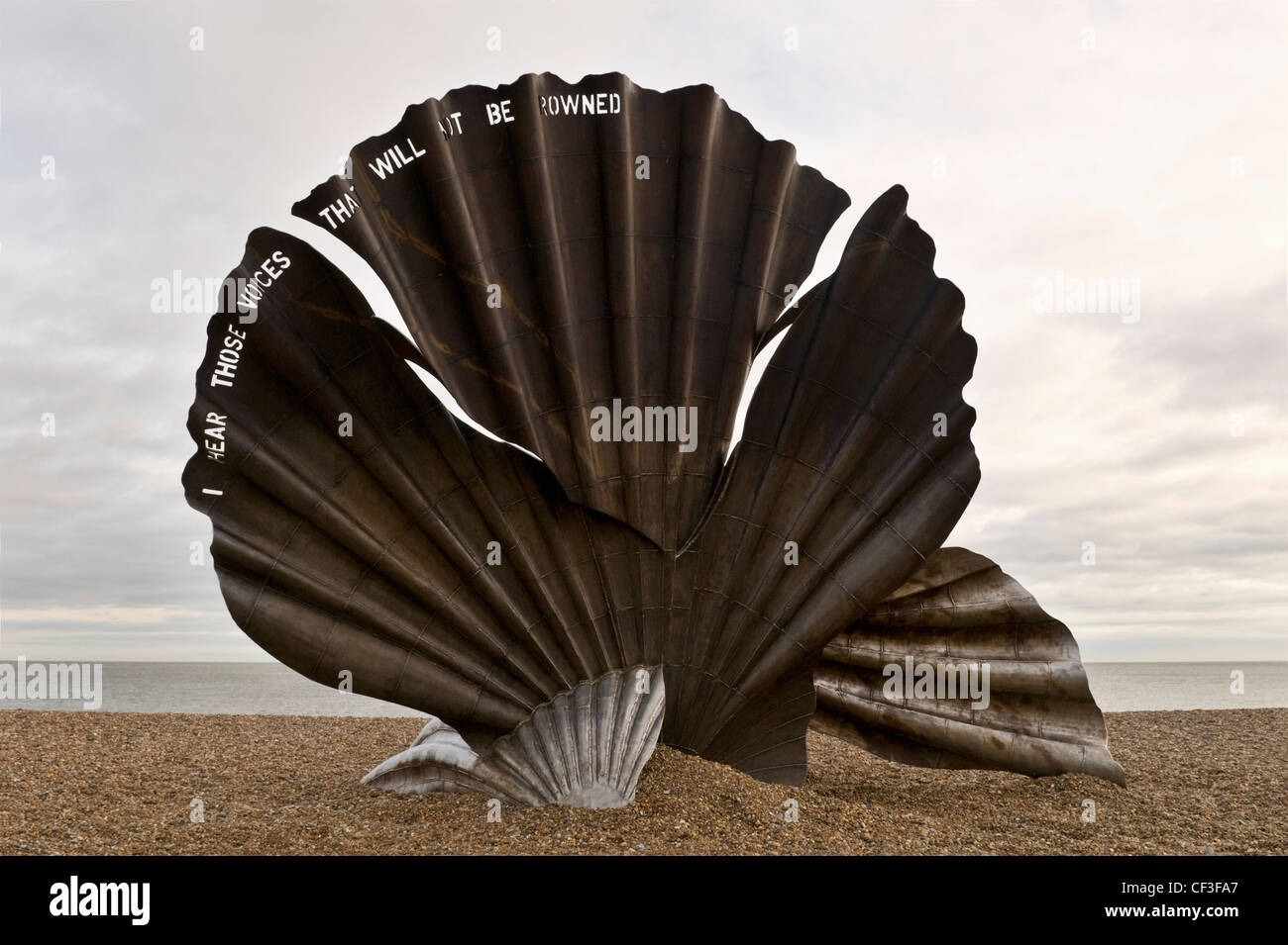 The Scallop sculpture by Maggie Hambling on the beach at Aldeburgh. Stock Photo