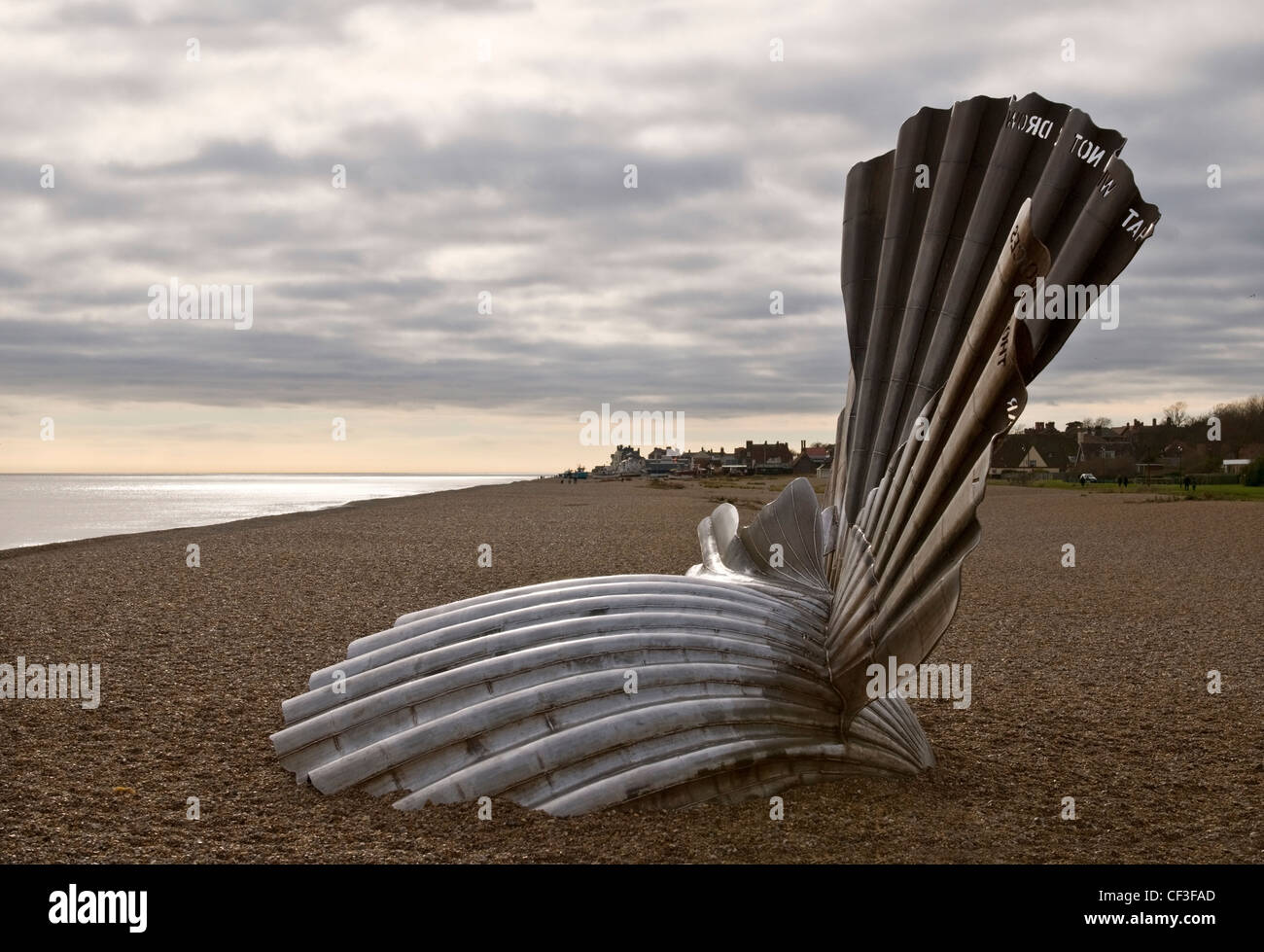 The Scallop sculpture by Maggie Hambling on the beach at Aldeburgh. Stock Photo