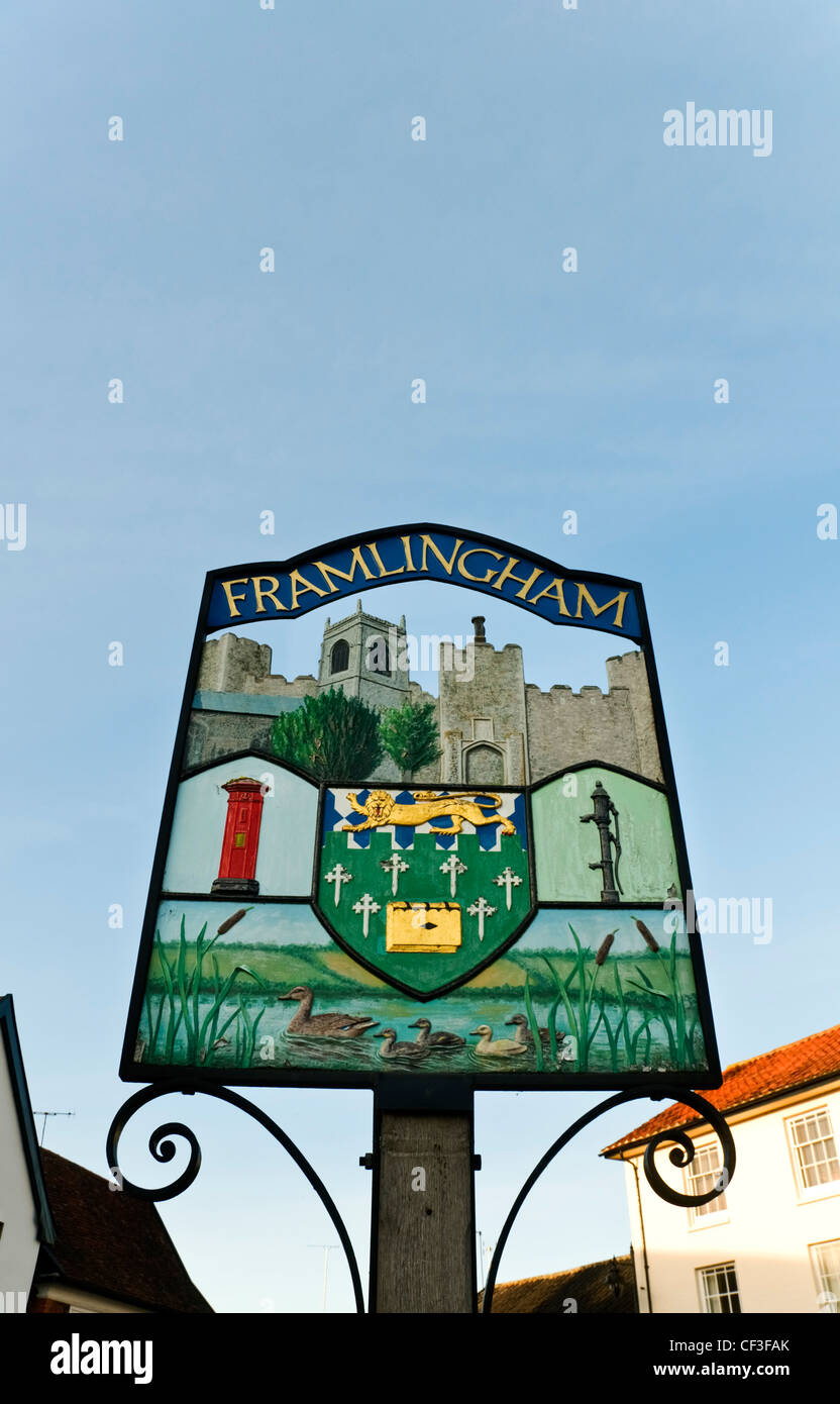 Looking up to the traditional village sign of Framlingham in Suffolk. Stock Photo
