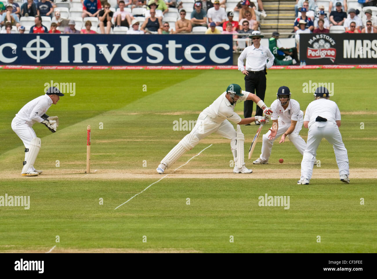 Test match cricket in play at Lords cricket ground in London. Stock Photo