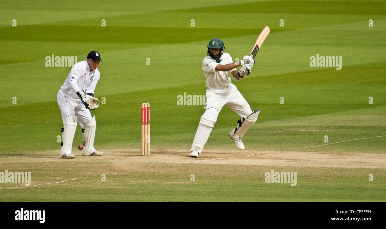 Test match cricket in play at Lords cricket ground in London. Stock Photo