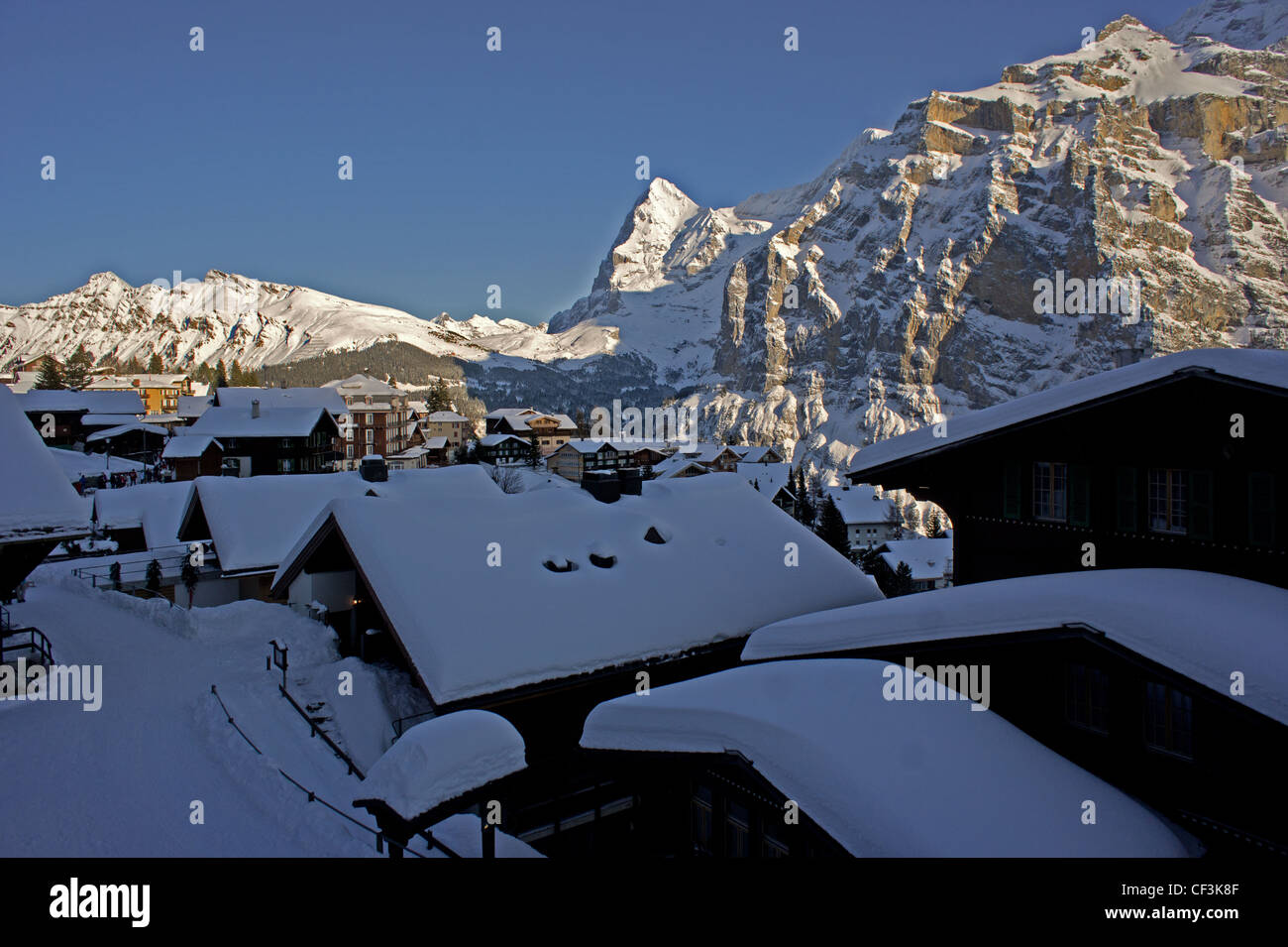 Town Mürren in winter with Eiger, Bernese Oberland alps, Switzerland ...