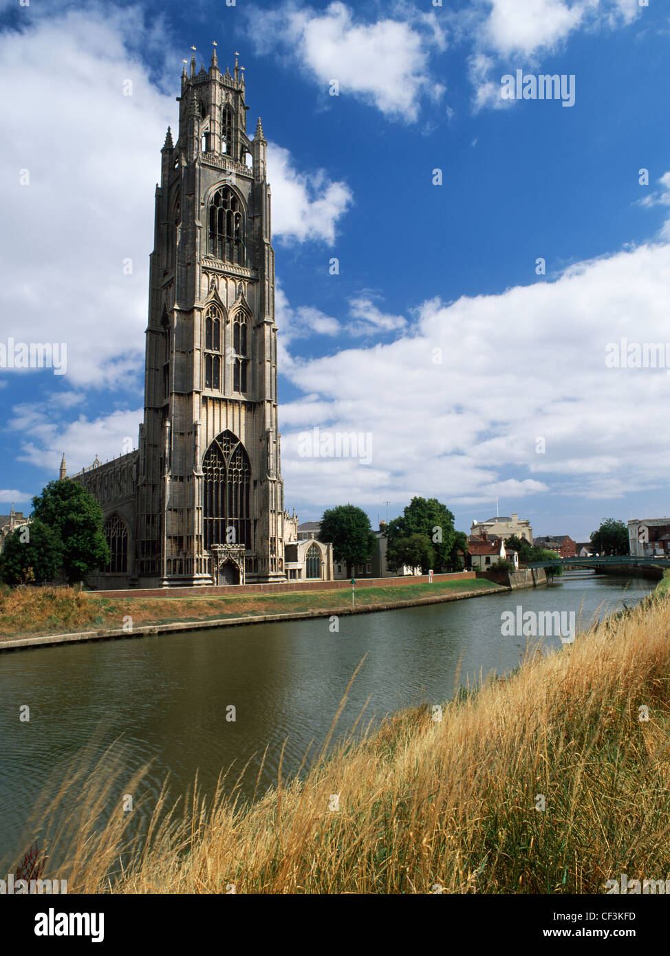 St Botolph's church beside the River Witham has the tallest Medieval tower in England. Mainly 14th century, the church is Decora Stock Photo