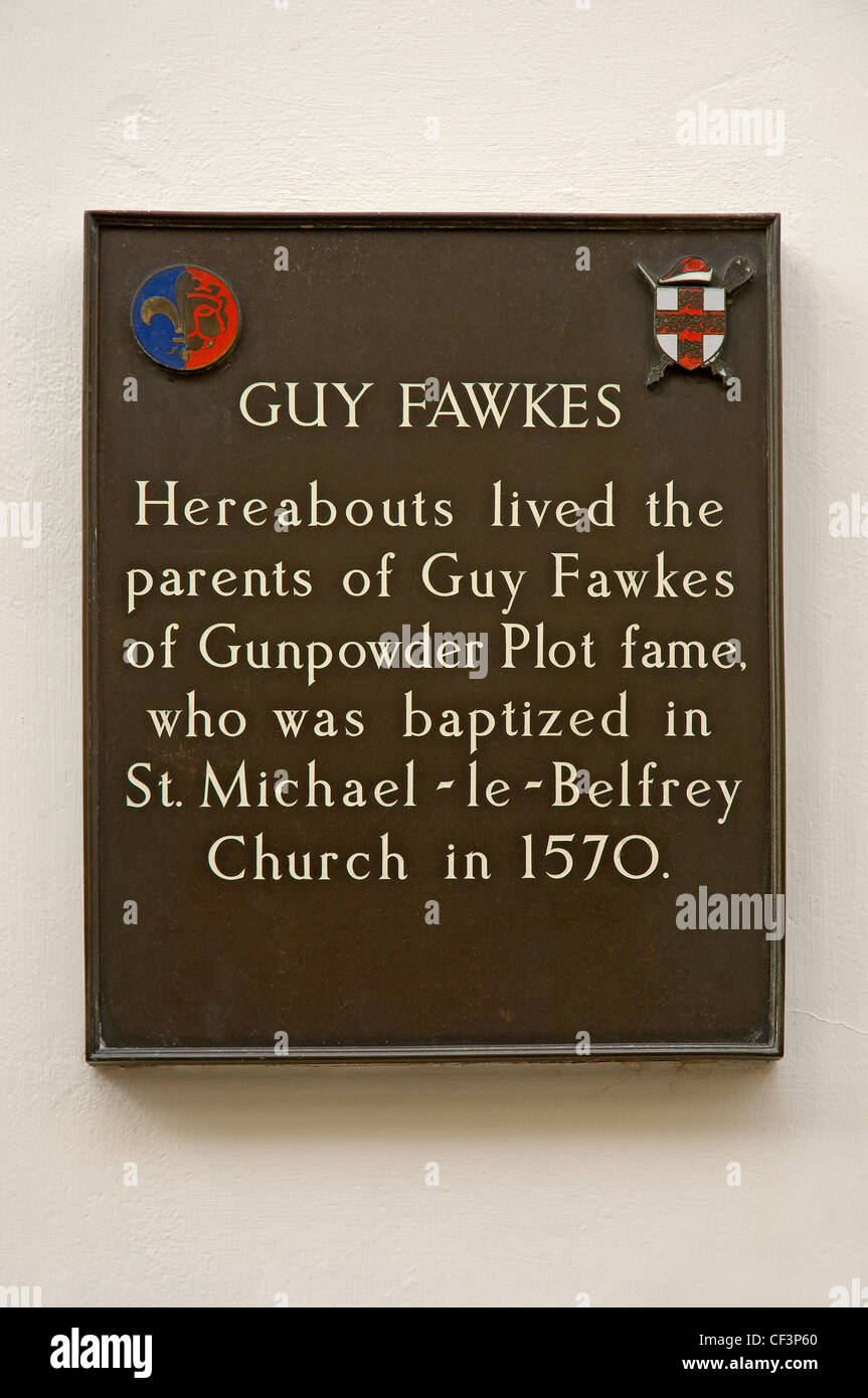 A plaque on a building in Stonegate, York stating that Guy Fawkes parents lived hereabouts. Stock Photo
