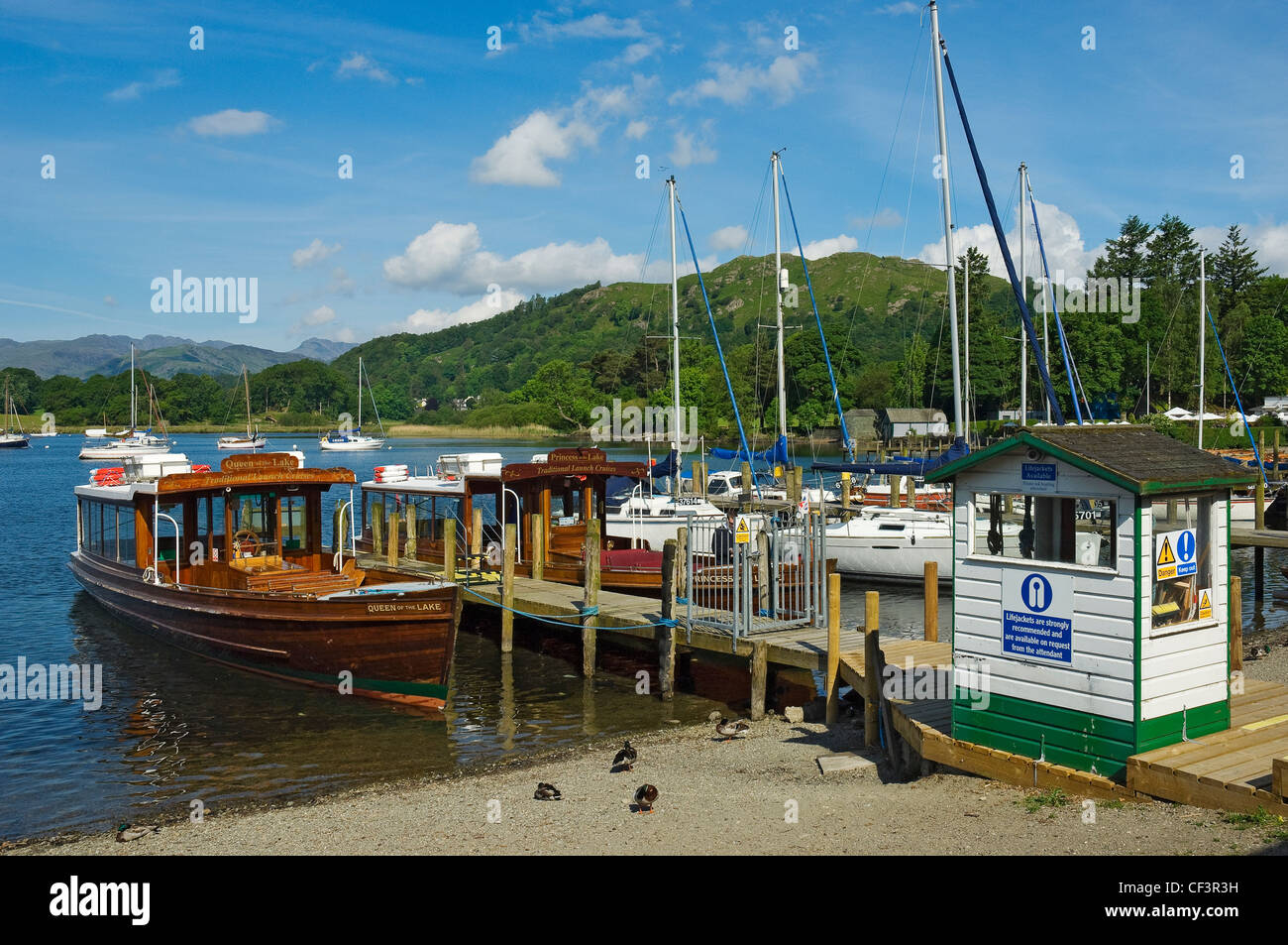 The Queen of the Lake pleasure boat tied to a jetty on the shore of