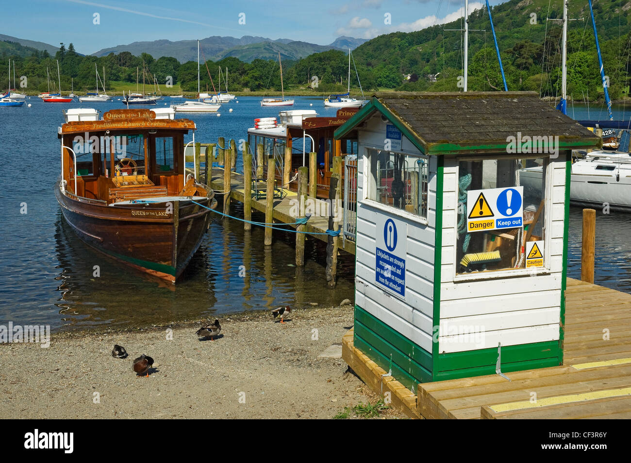 The Queen of the Lake pleasure boat tied to a jetty on the shore of