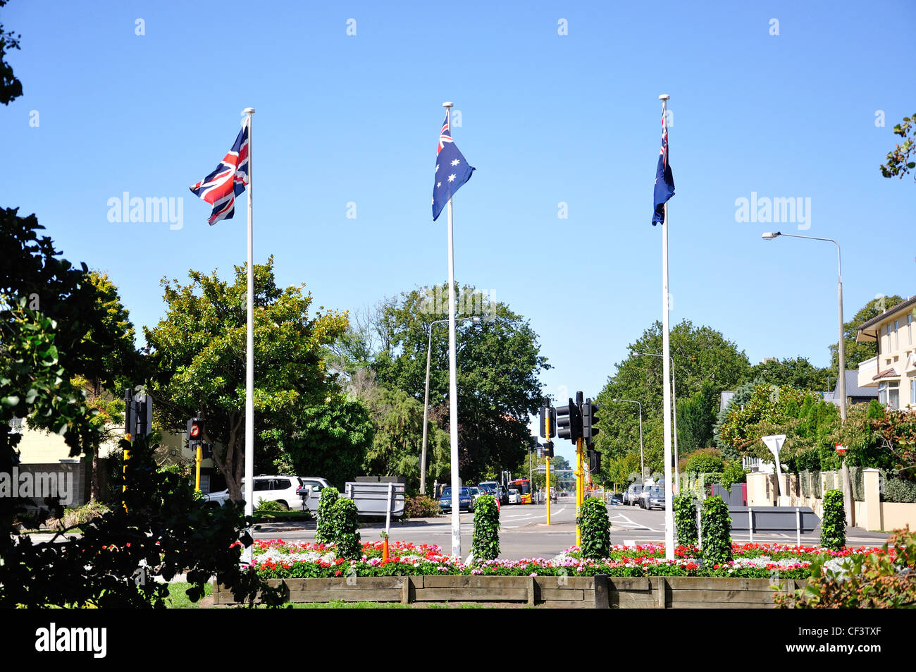 Flags on Park Terrace, Christchurch, Canterbury Region, New Zealand Stock Photo