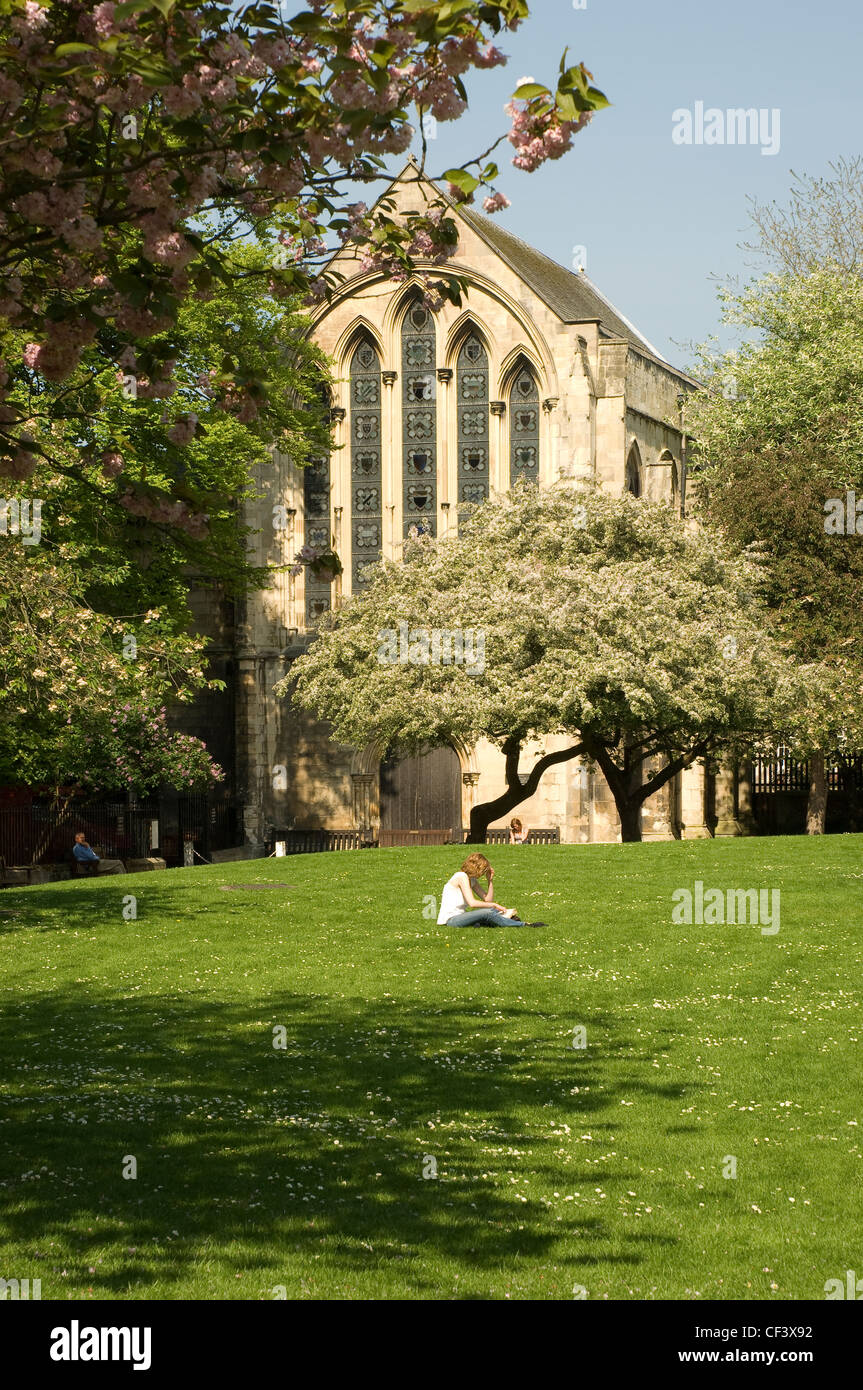 A young woman sitting on the grass reading a book outside the Minster Library in Dean's Park. Stock Photo