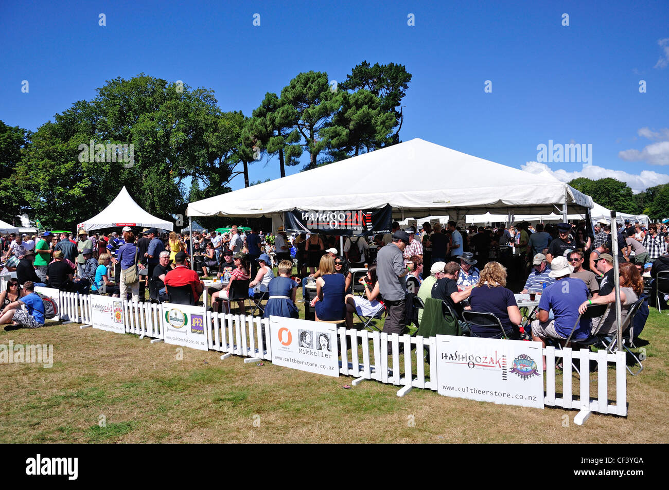 Beer tents at The Great Kiwi Beer Festival, Hagley Park, Christchurch, Canterbury District, New Zealand Stock Photo