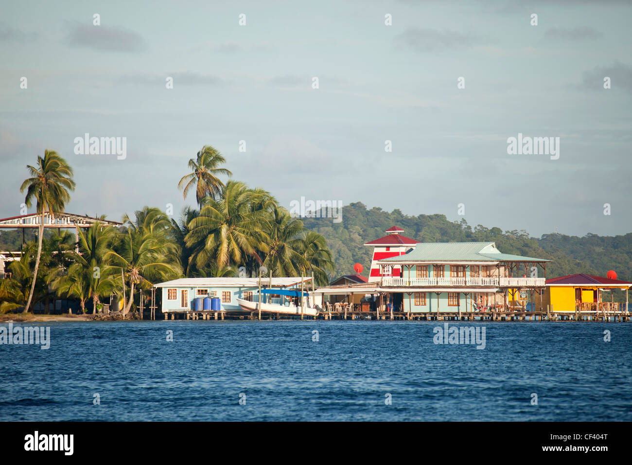 Hotel El Faro del Colibri and the coast of Carenero Island, Bocas del Toro, Panama, Central America Stock Photo