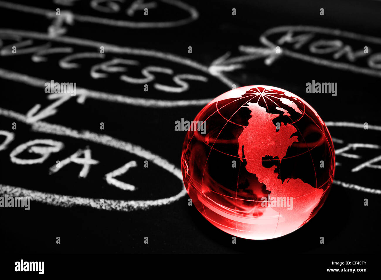 Flowchart on a chalk board with world globe showing America Stock Photo