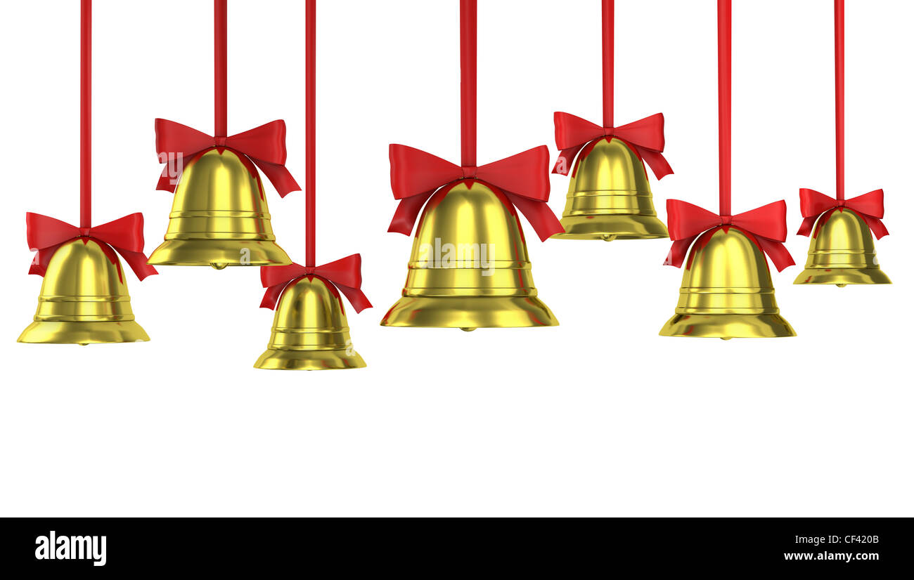 A lot of Christmas bells with red ribbons isolated on white background ...