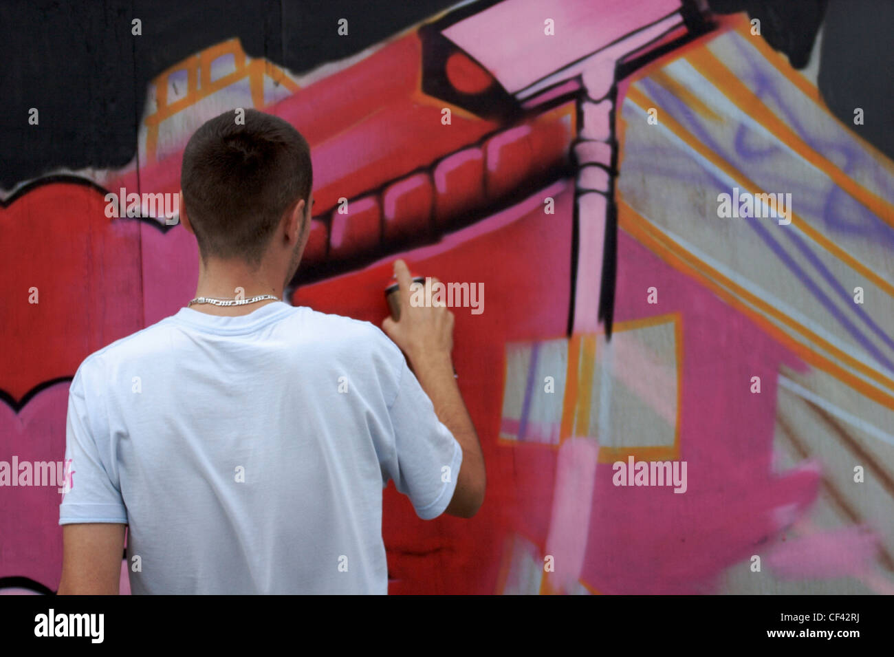 Graffiti artist paints cctv camera. The word 'graffiti' is the plural of 'graffito' and