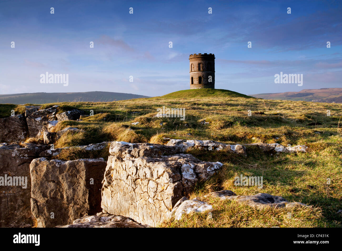 Solomon's Temple (also known as Grinlow Tower), situated on a lofty hill above the spa town of Buxton in the Peak District. Stock Photo