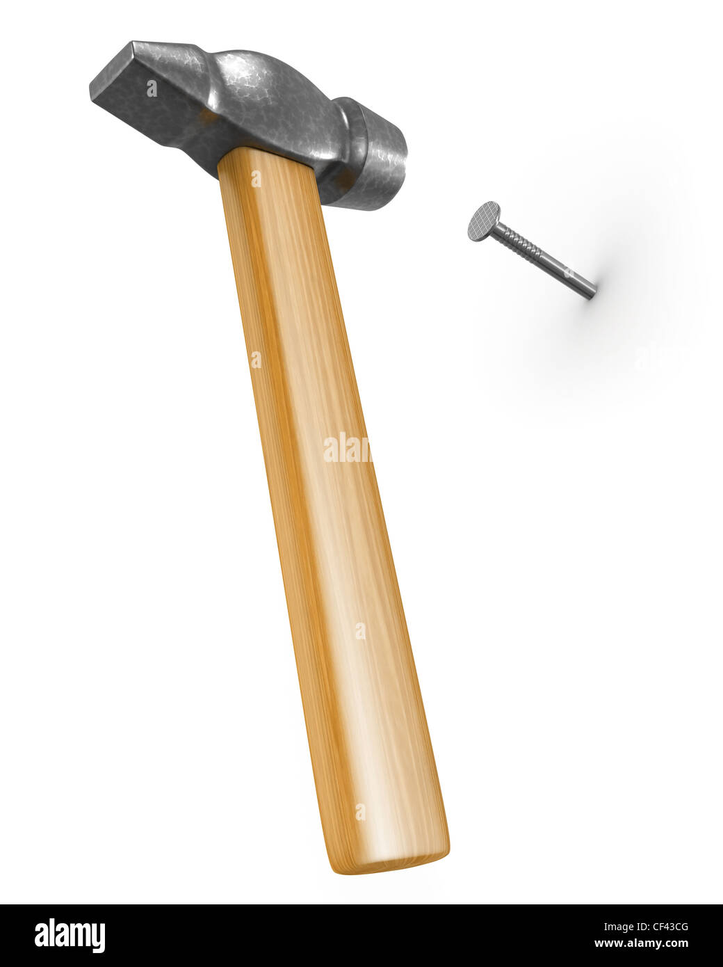 Shiny new hammer hitting the nail isolated on white background Stock