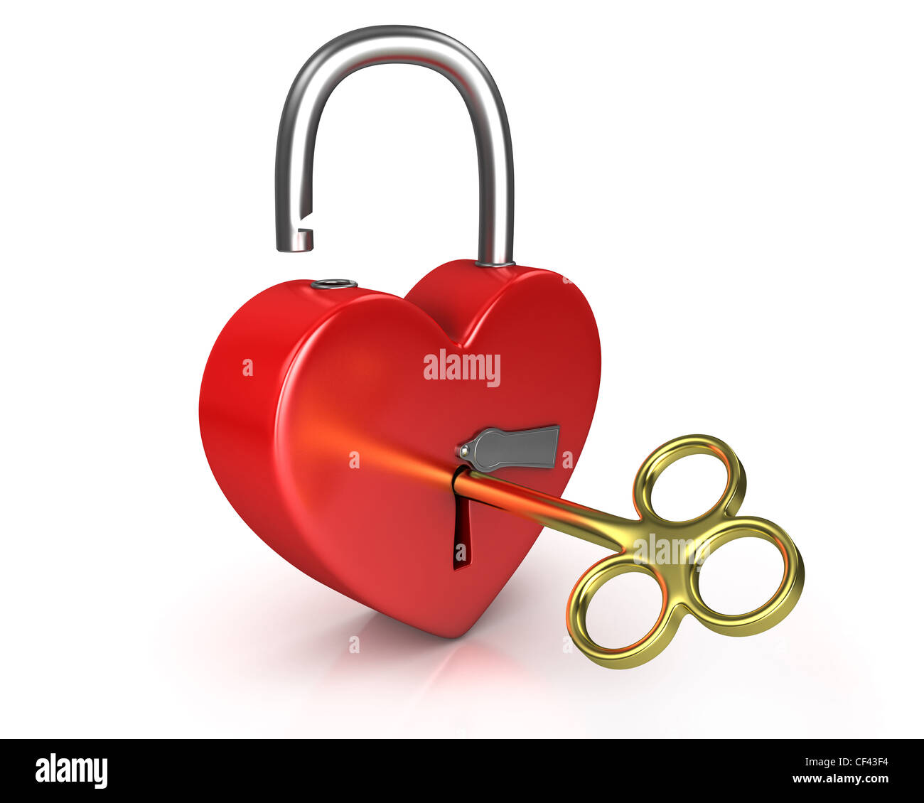 Opened red lock formed as heart with a golden key in a keyhole isolated