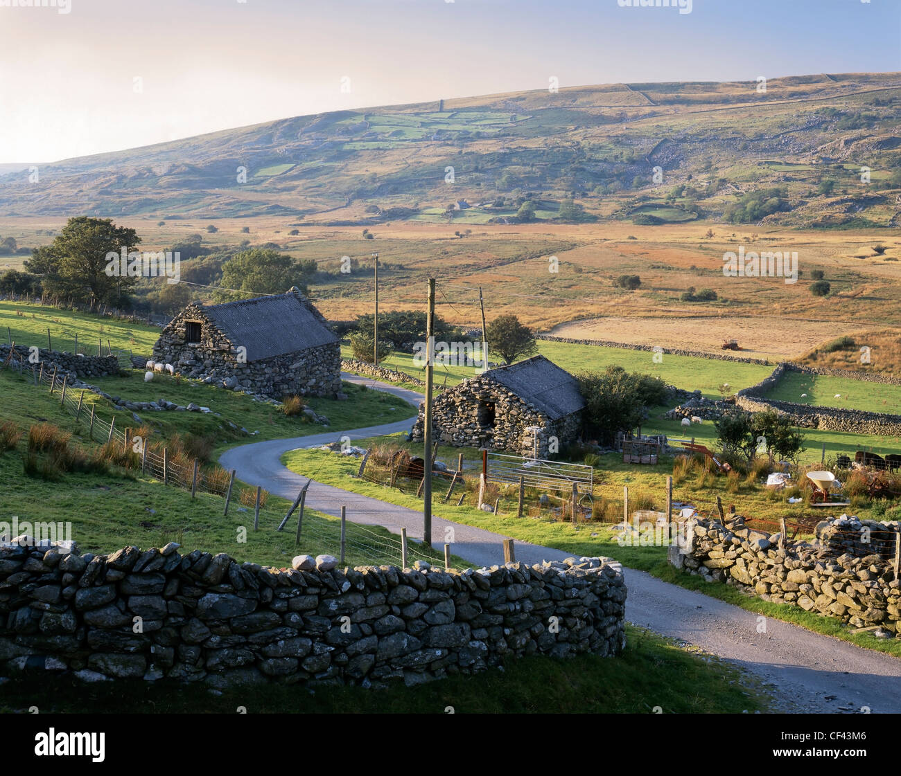 View of stone farm buildings in a remote part of southern Snowdonia. Stock Photo