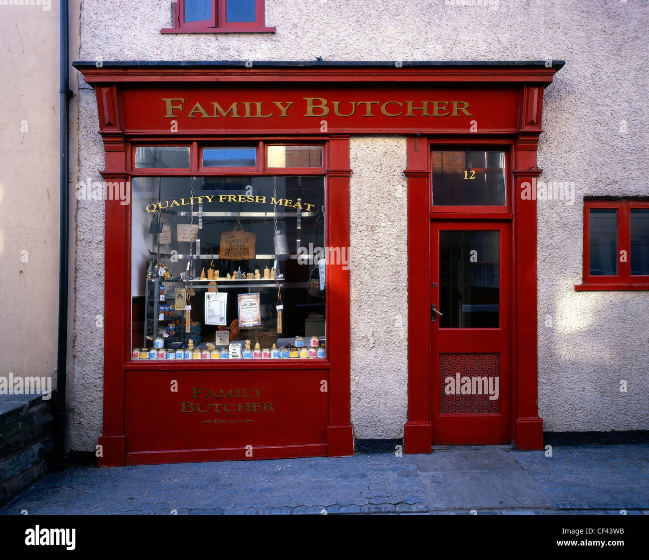 A traditional Family Butcher shop in the small seaside village of Staithes. Stock Photo