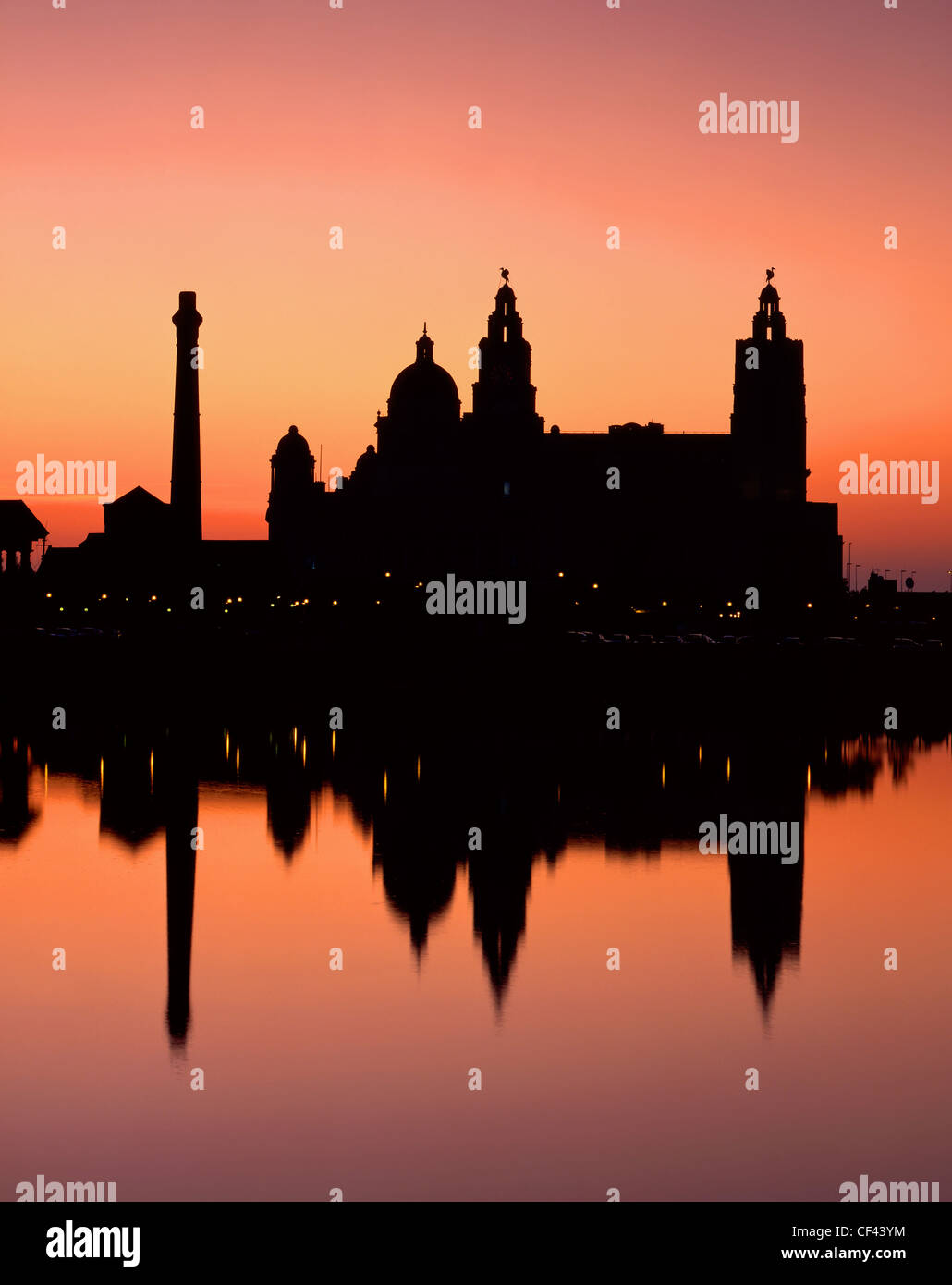 Silhouette of the Royal Liver Building, one of the most recognisable landmarks in the city of Liverpool, reflected in the River Stock Photo