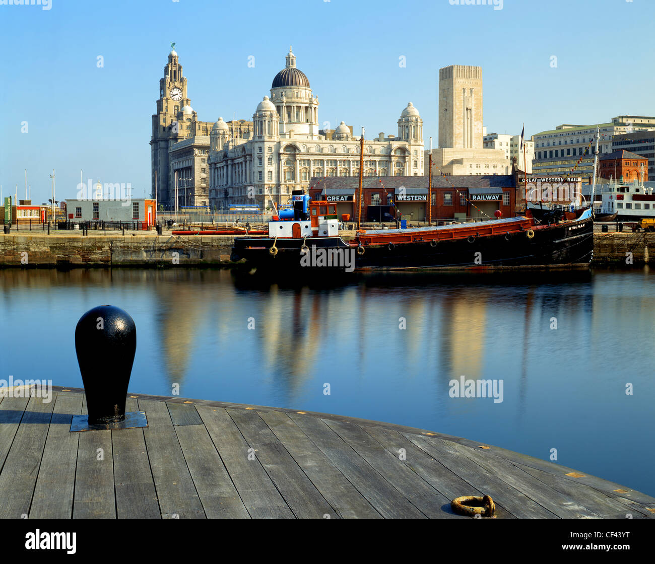 View towards the Port of Liverpool Building, the Cunard Building and the Royal Liver Building, Liverpool's Three Graces, from th Stock Photo