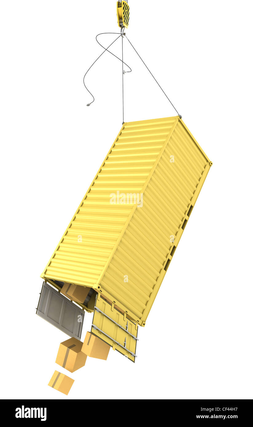 Yellow container falling after accidentally detaching hooks isolated on ...
