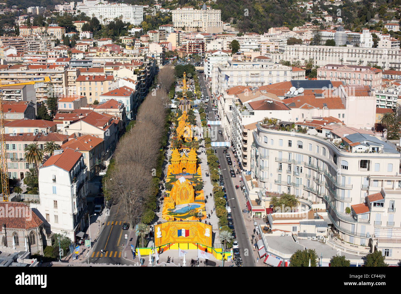 AERIAL VIEW. Lemon festival of Menton in 2012. Copies of French monuments built with lemons and oranges. French Riviera. France. Stock Photo