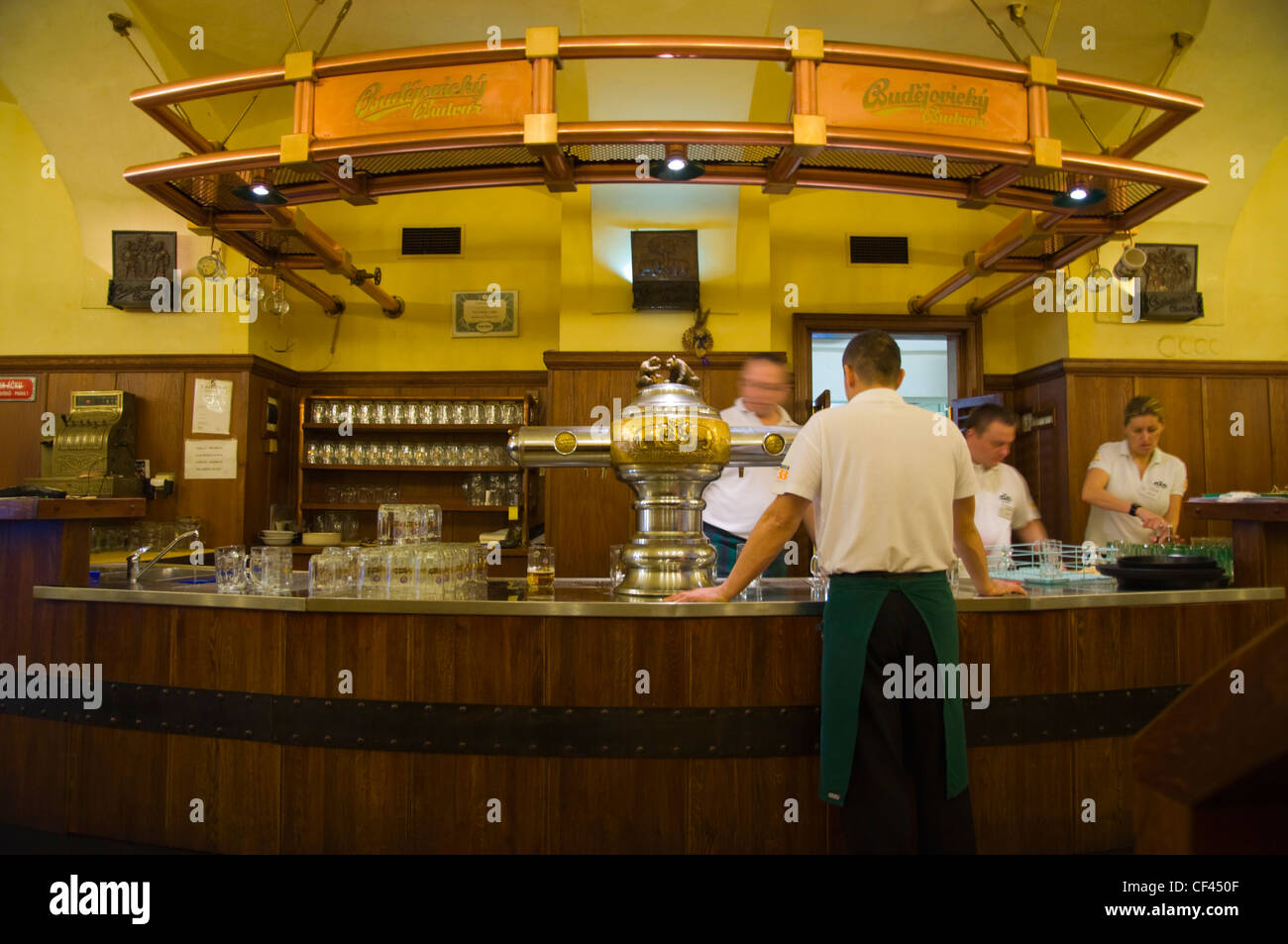 Bar counter and beer taps at U Medvidku restaurant microbrewery Prague