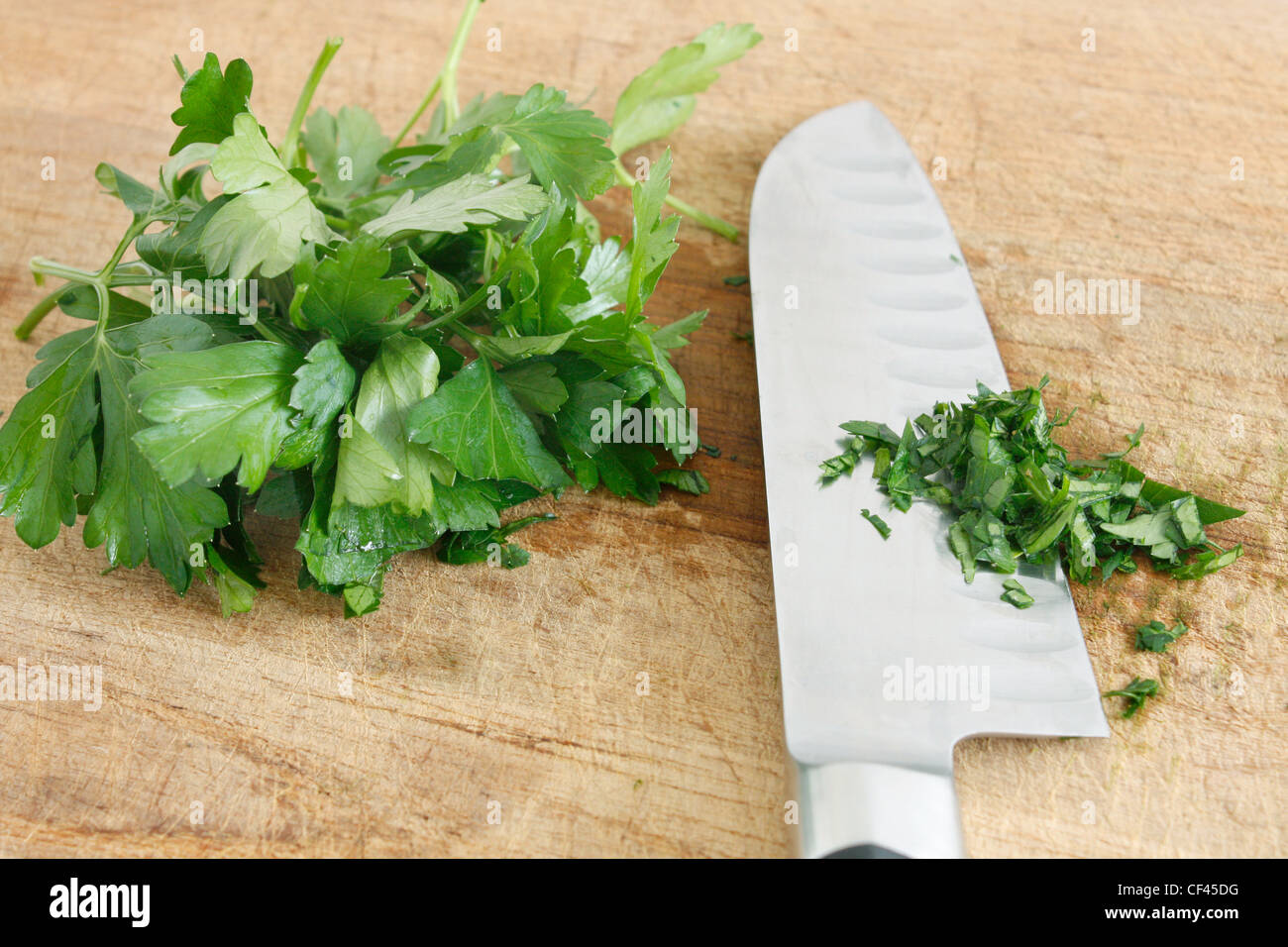 Chopping parsley on a wooden surface Stock Photo