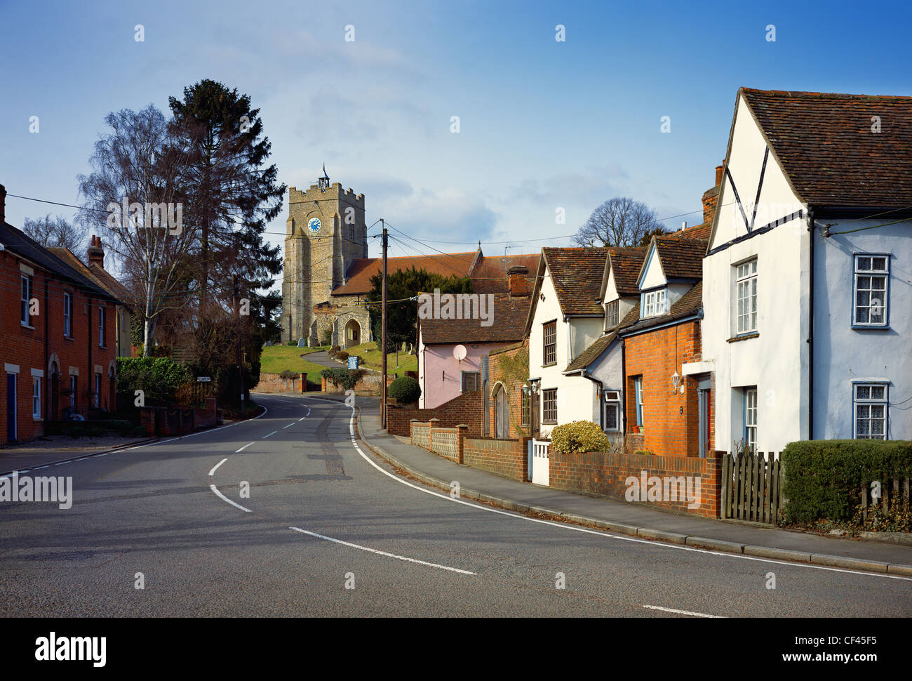 Sible Hedingham in winter. The village is famed for having the last case of witchcraft in England, which occurred in 1863. Stock Photo