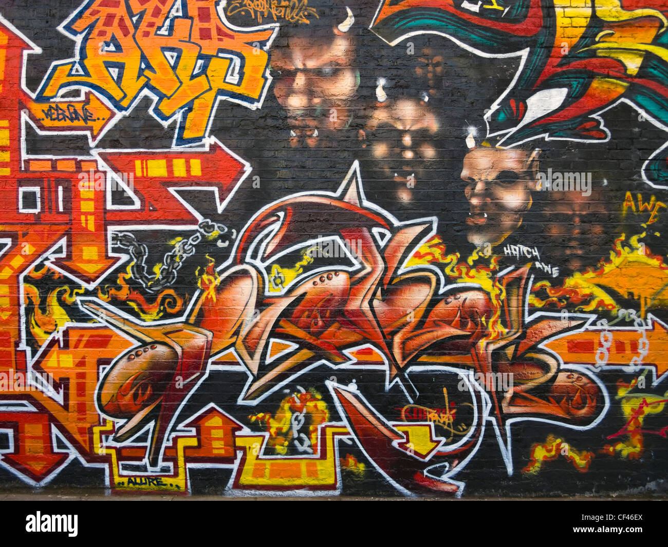 A wall of graffiti in Shoreditch. Stock Photo