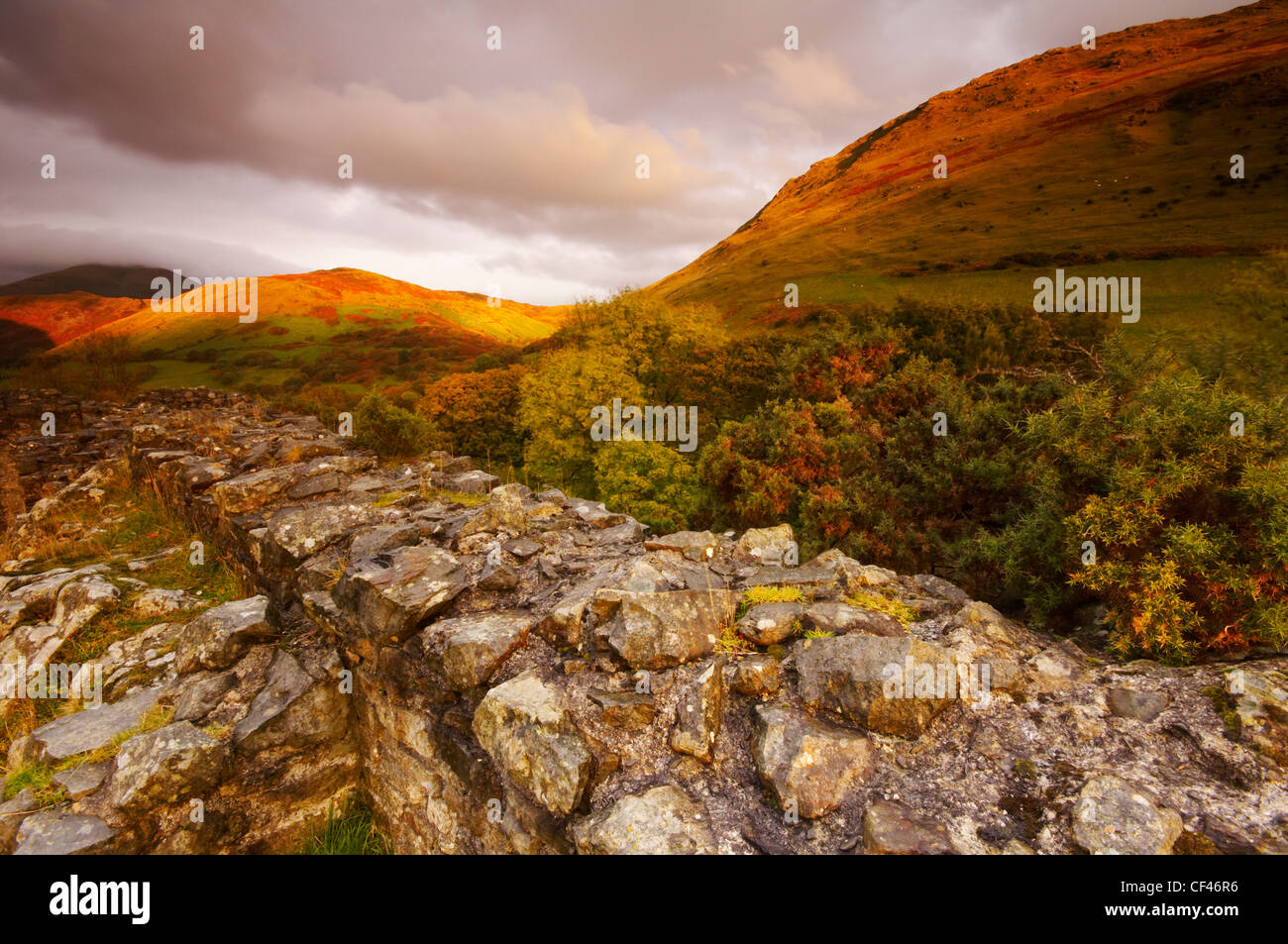 The hilltop ruin of Castell Y Bere in late Autumn light in Snowdonia. Stock Photo
