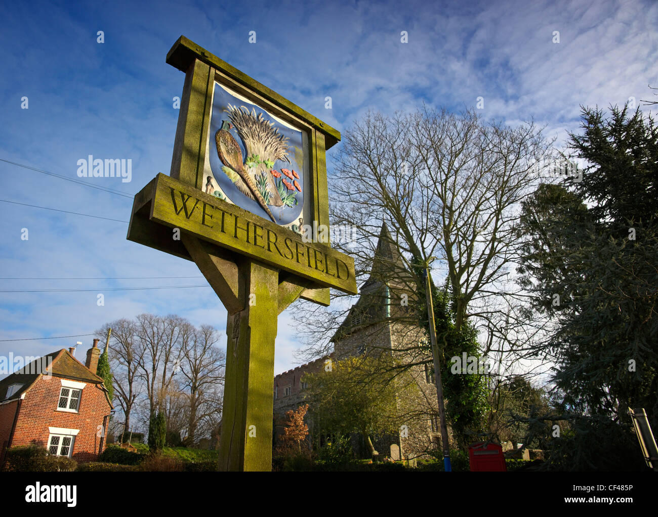 Village sign for the village of Wethersfield in Essex. Stock Photo