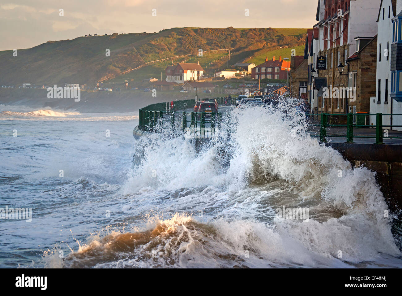 Large waves from the North Sea buffeting the seafront at Sandsend. Stock Photo