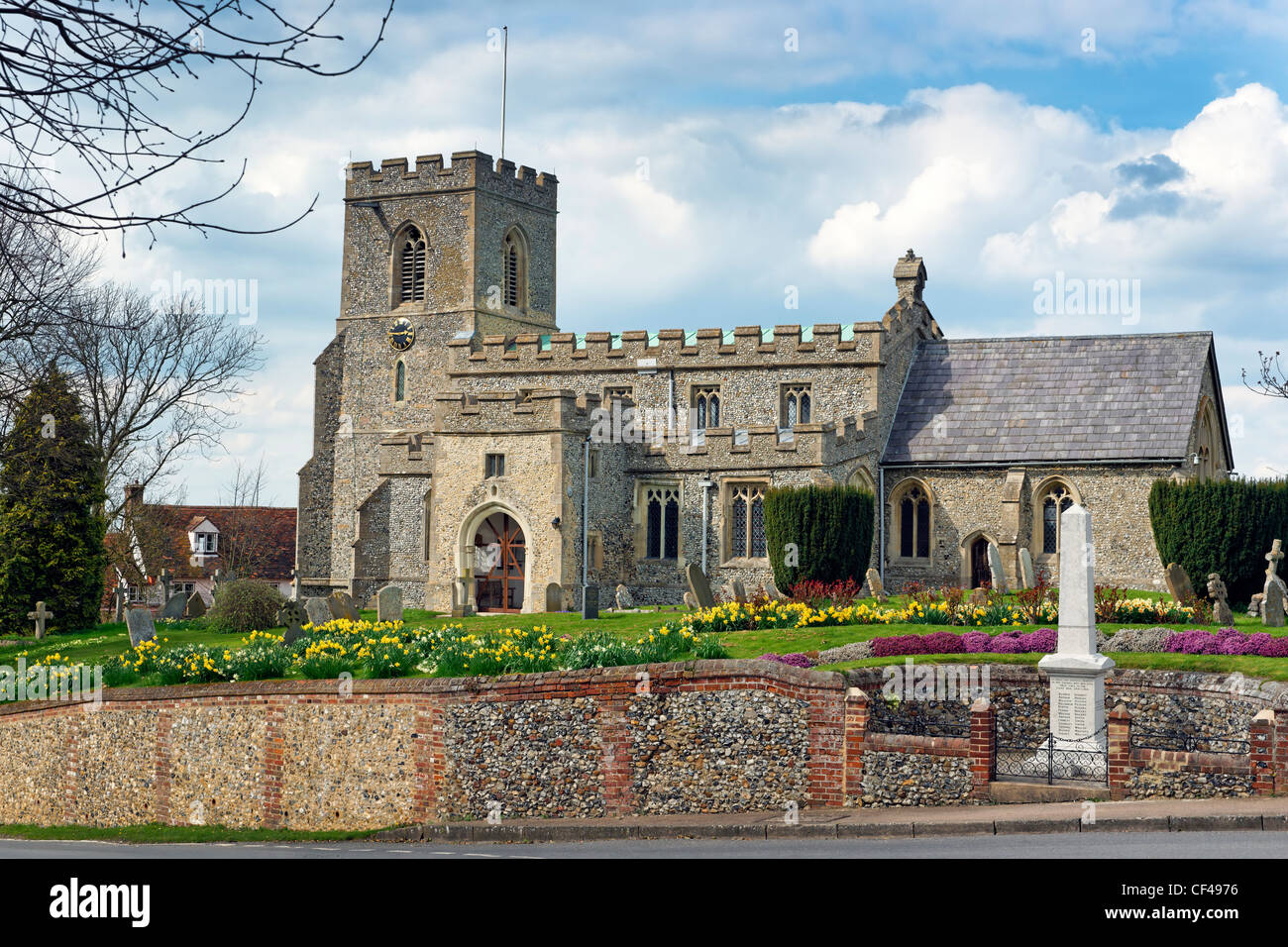 St. Swithun's Church, situated on high ground at the Cross Roads, was founded in 1136 by Geffrey de Magnaville under the Monaste Stock Photo