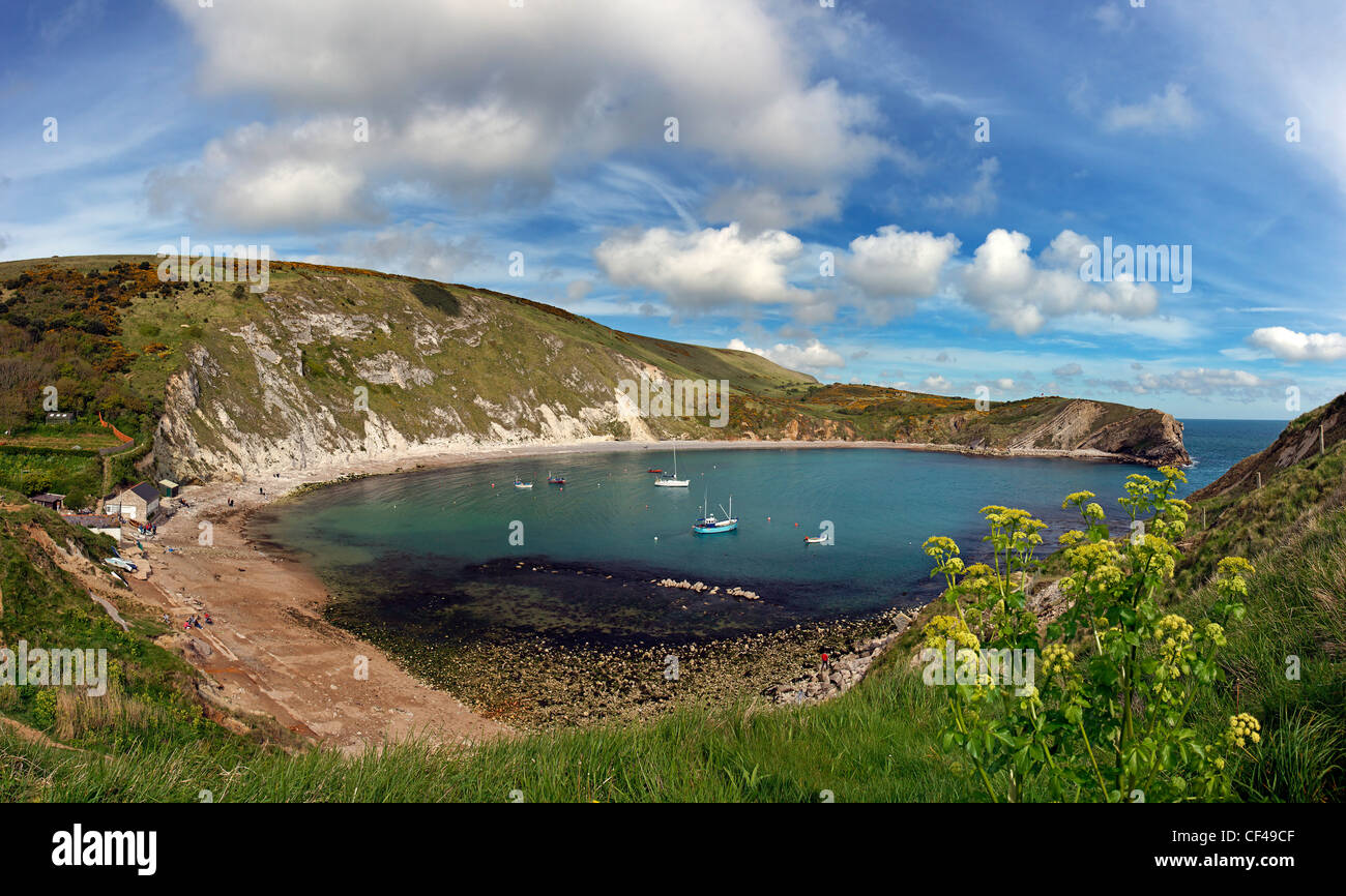 Lulworth Cove in spring on the Jurassic Coast World Heritage Site in Dorset. Stock Photo
