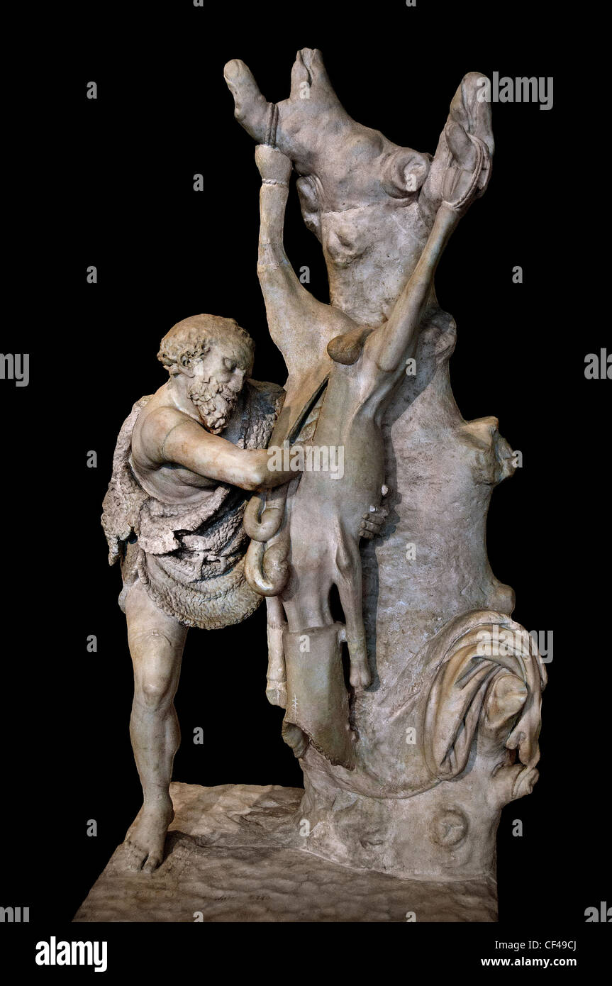 Old man flaying Flayer rustic skinning Museum Louvre  Roman 1 - 2 cent AD copy  Greek Hellenistic original Stock Photo