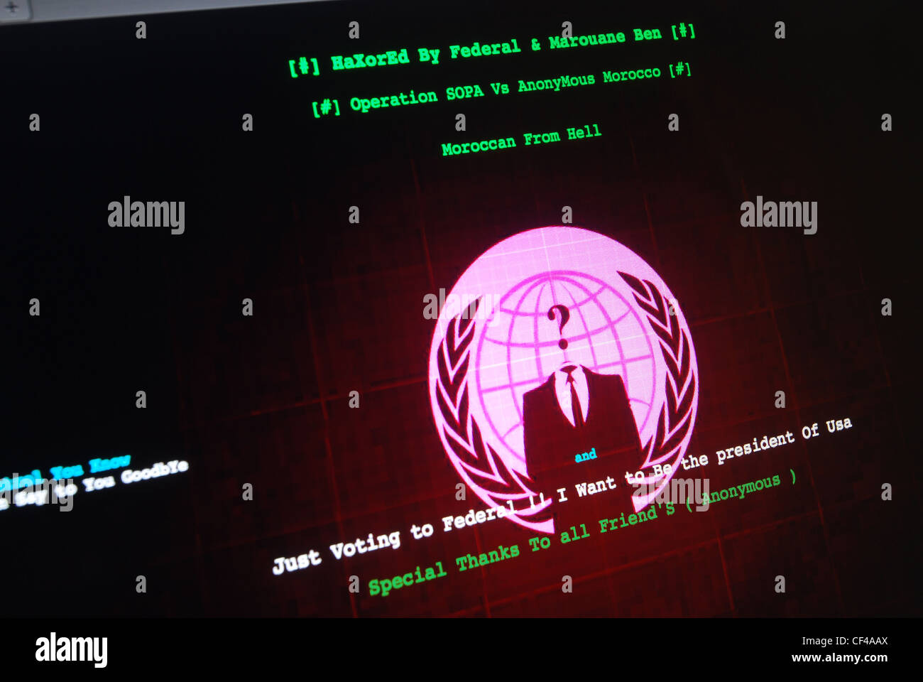 Message screen on a website hacked into by worldwide hacktivist group Anonymous Stock Photo