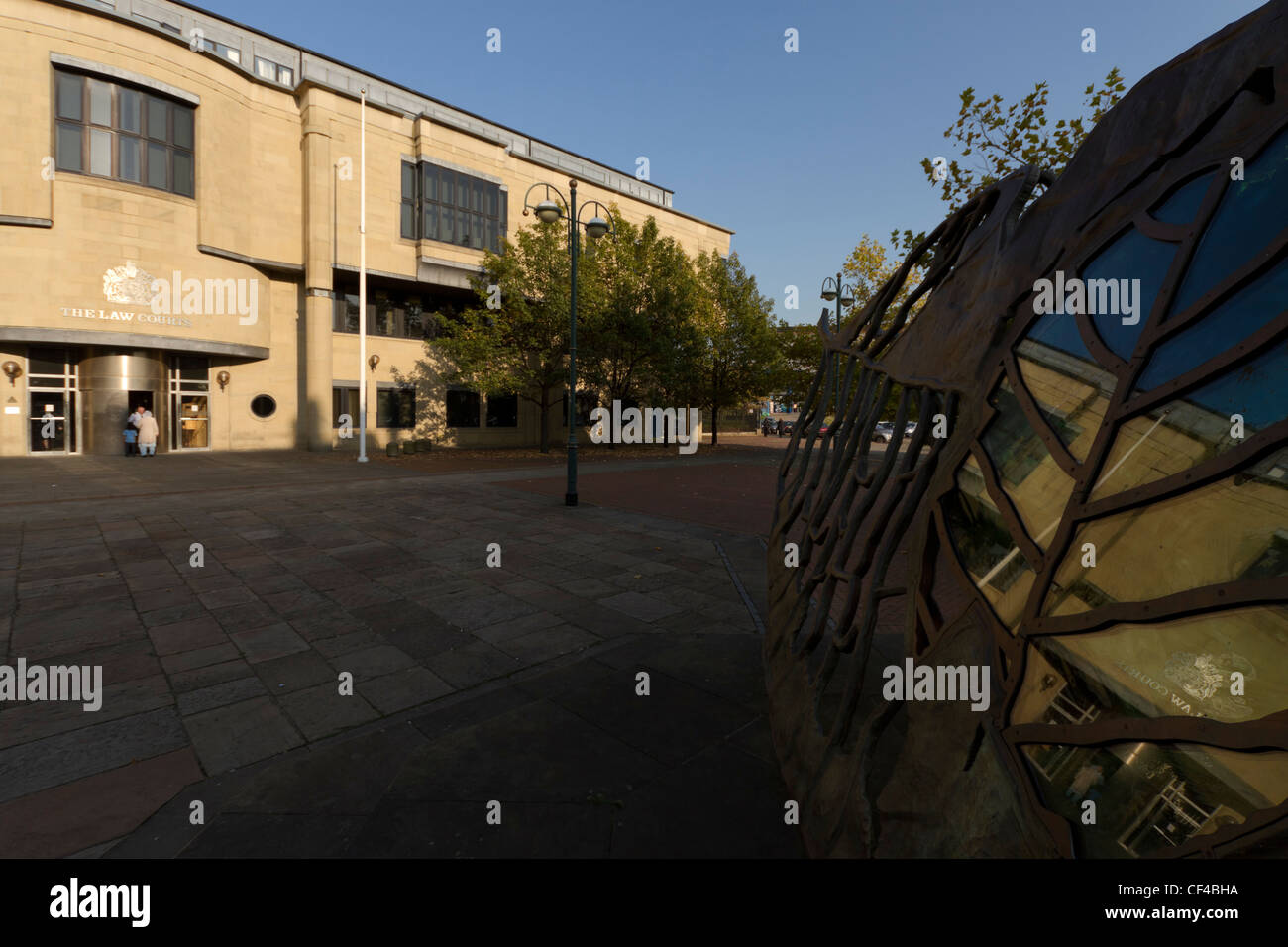 The Law Courts, Bradford, with the sculpture, Homage to Delius. Stock Photo