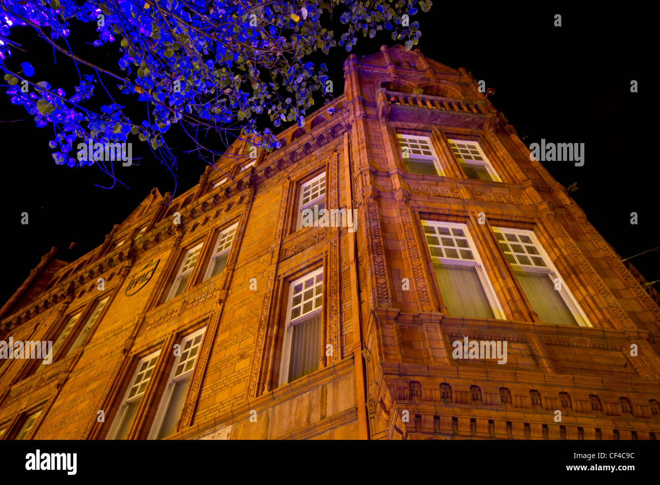 The Co-Operative Bank, Sunbridge Road Bradford, photographed at night. Built in 1985 of red brick and terracotta. Stock Photo