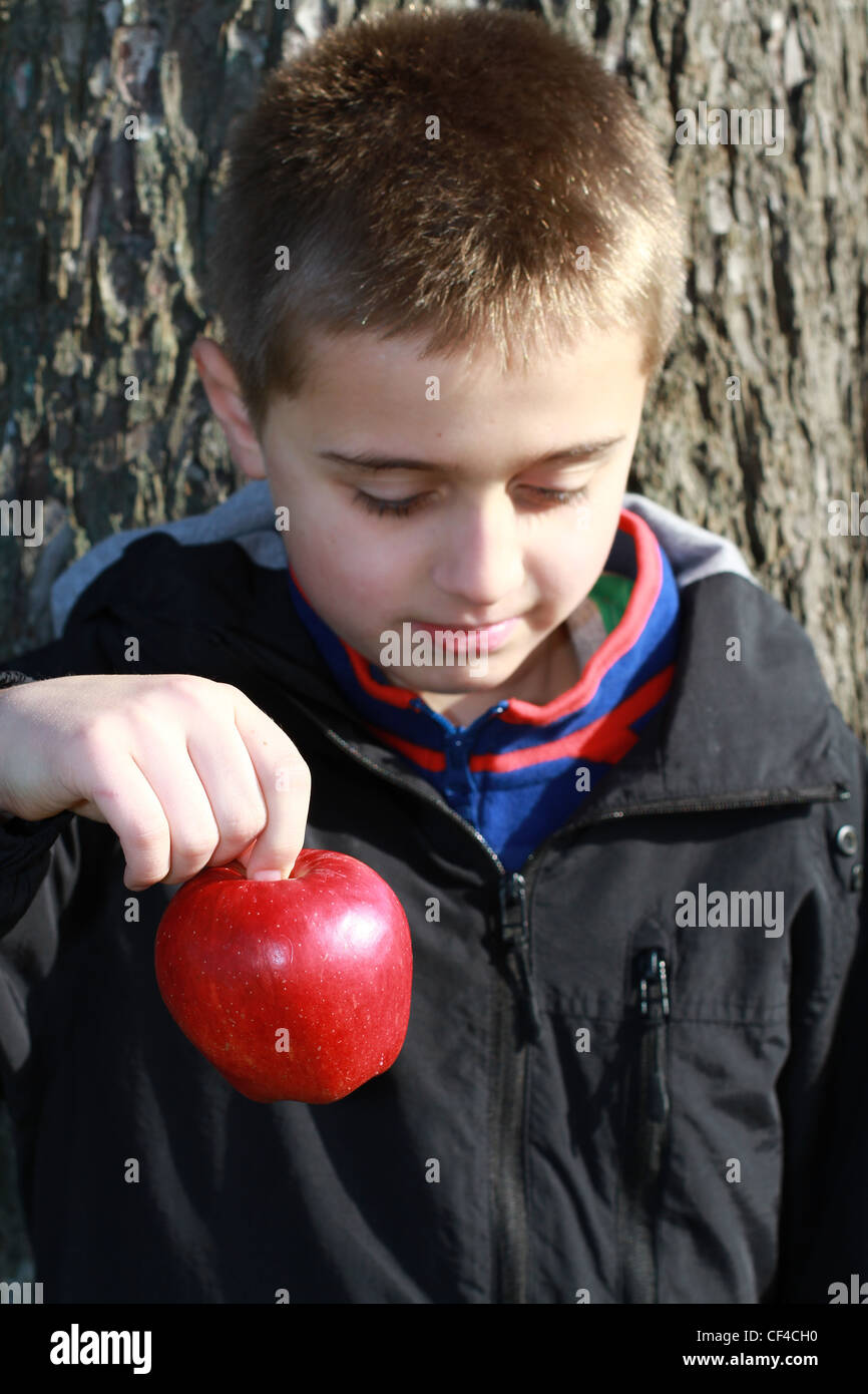 young boy eats a red apple in the park Stock Photo - Alamy