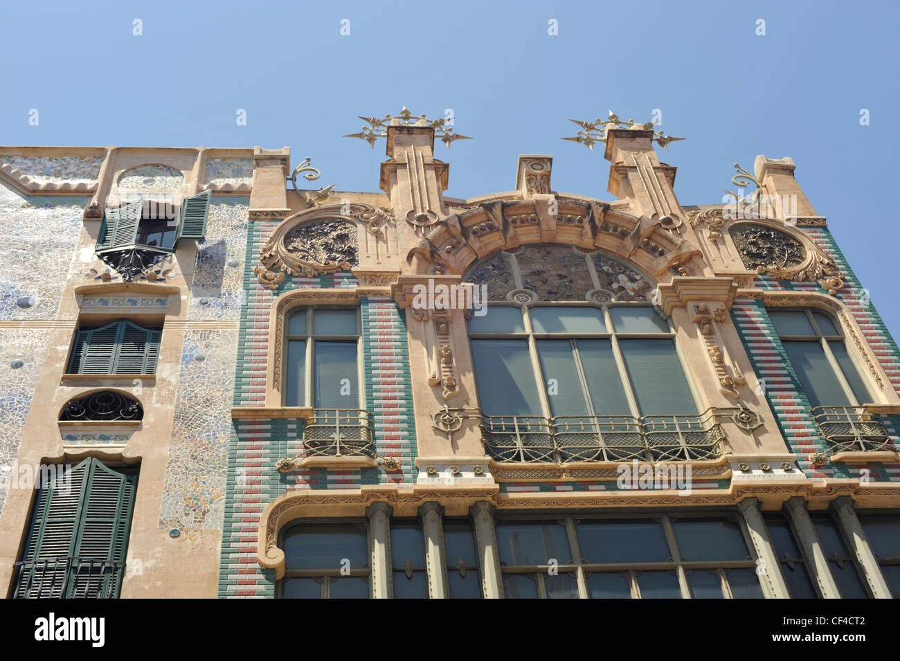 Art Nouveau buildings and balconies in the town of Palma Majorca Balieric Islands Spain Stock Photo